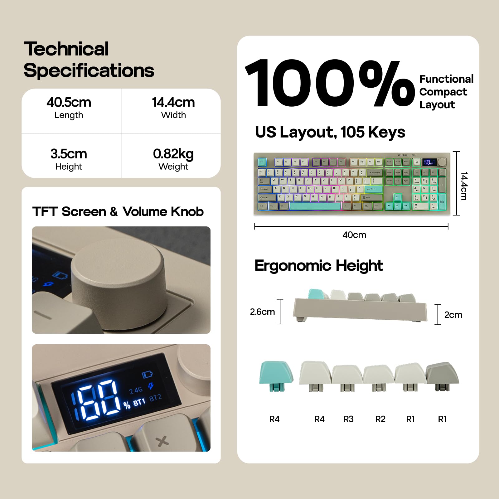 Technical specifications and features of a keyboard with measurements and layout details.