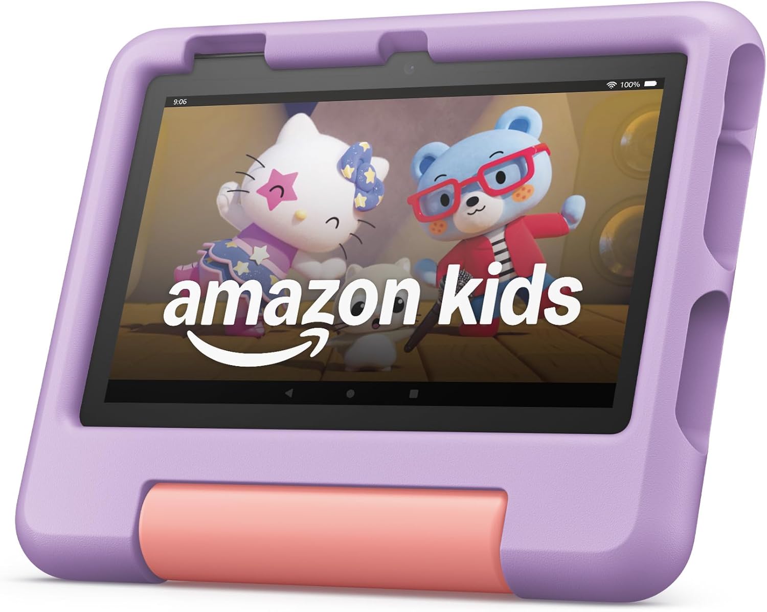 Children's tablet with a purple case featuring Amazon Kids on the screen.