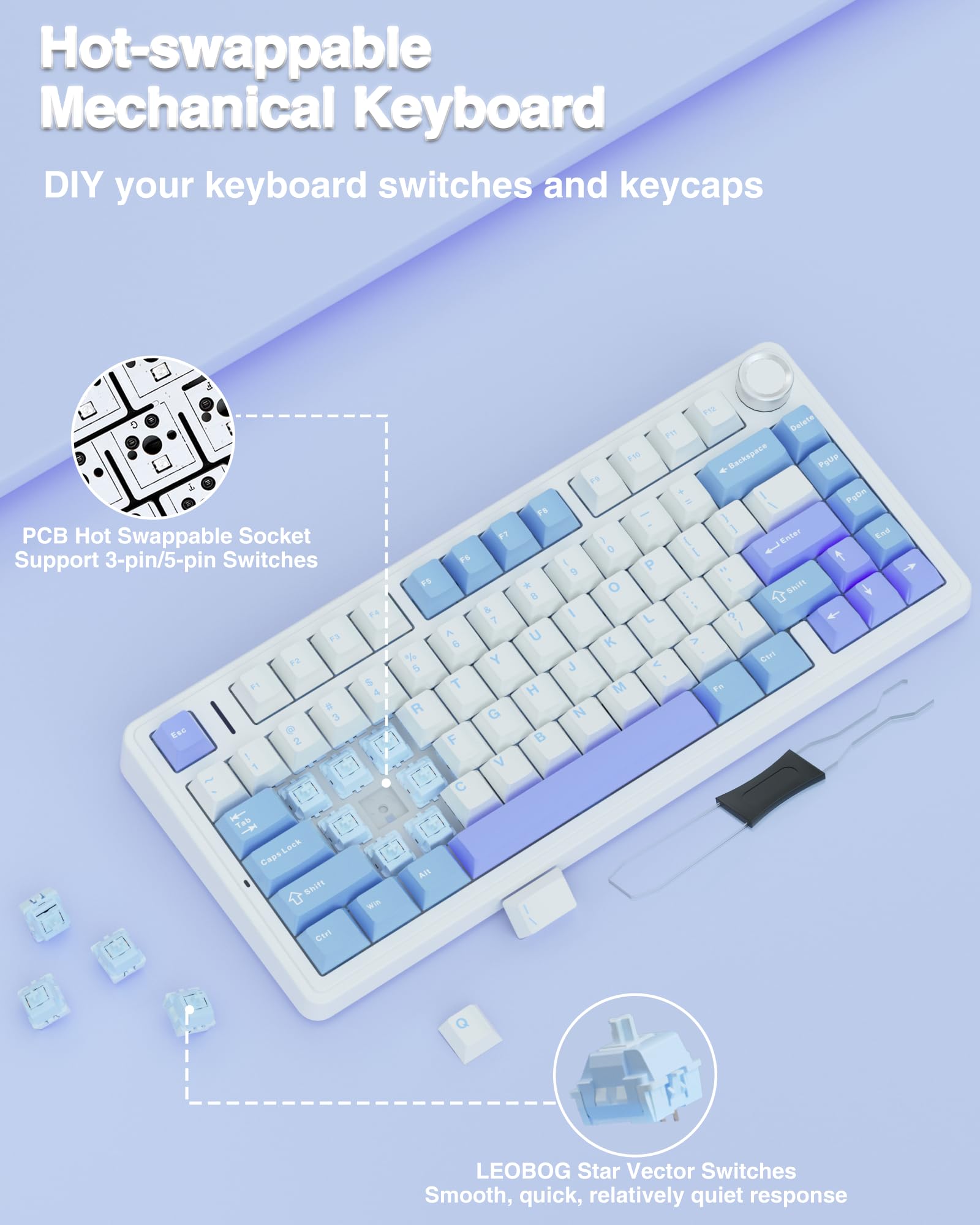 AULA F75 75% Wireless Mechanical Keyboard, Hot Swappable Creamy Keyboard, Pre-lubed Reaper Switches, 2.4GHz/Type-C/BT5.0, RGB Backlit Gaming Keyboards(White & Blue)