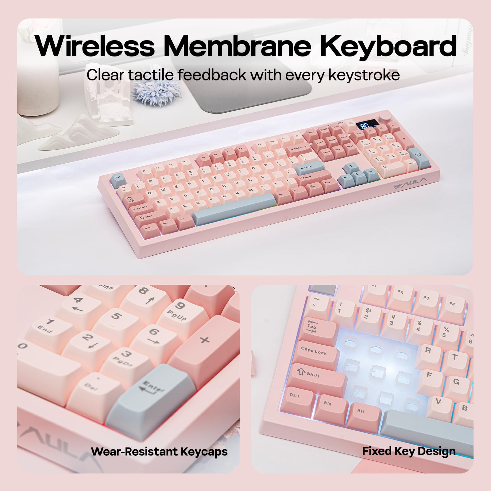 Pink and gray wireless membrane keyboard with close-up details on a light pink background