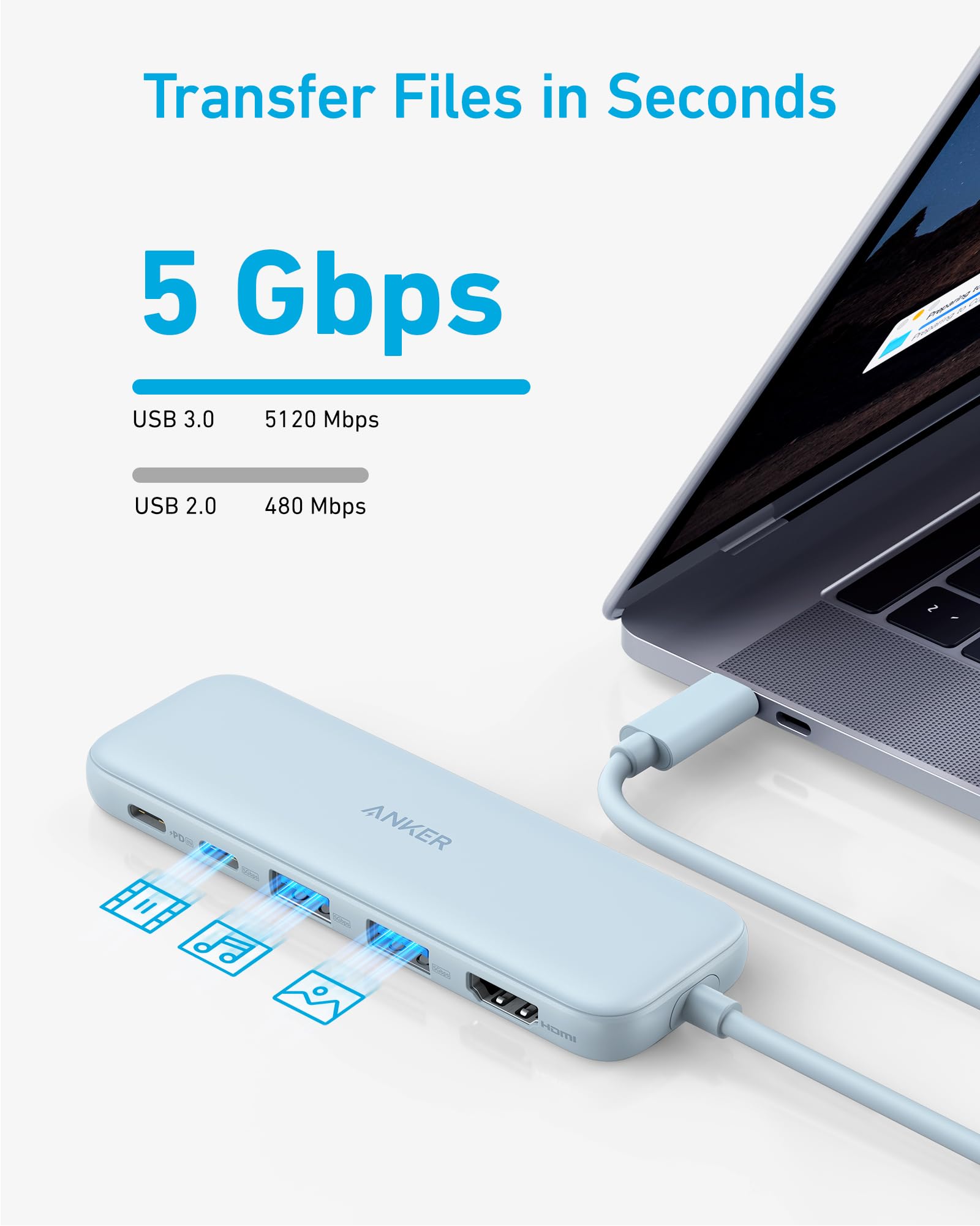 USB hub with laptop, highlighting transfer speed of 5 Gbps.