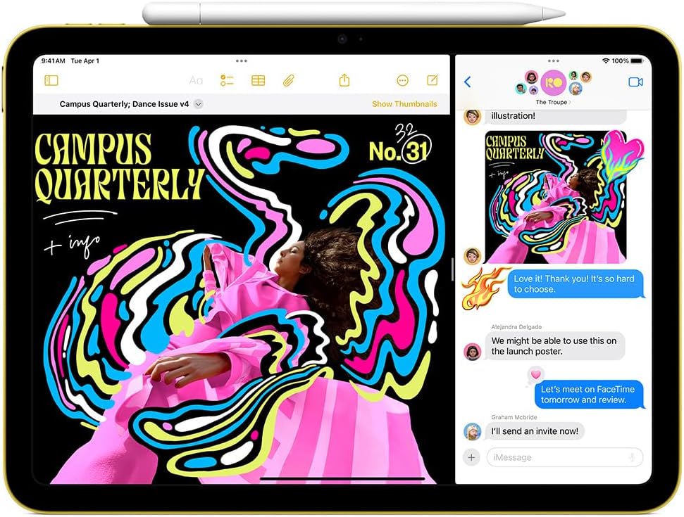 Tablet displaying 'Campus Quarterly' magazine cover and app interface.