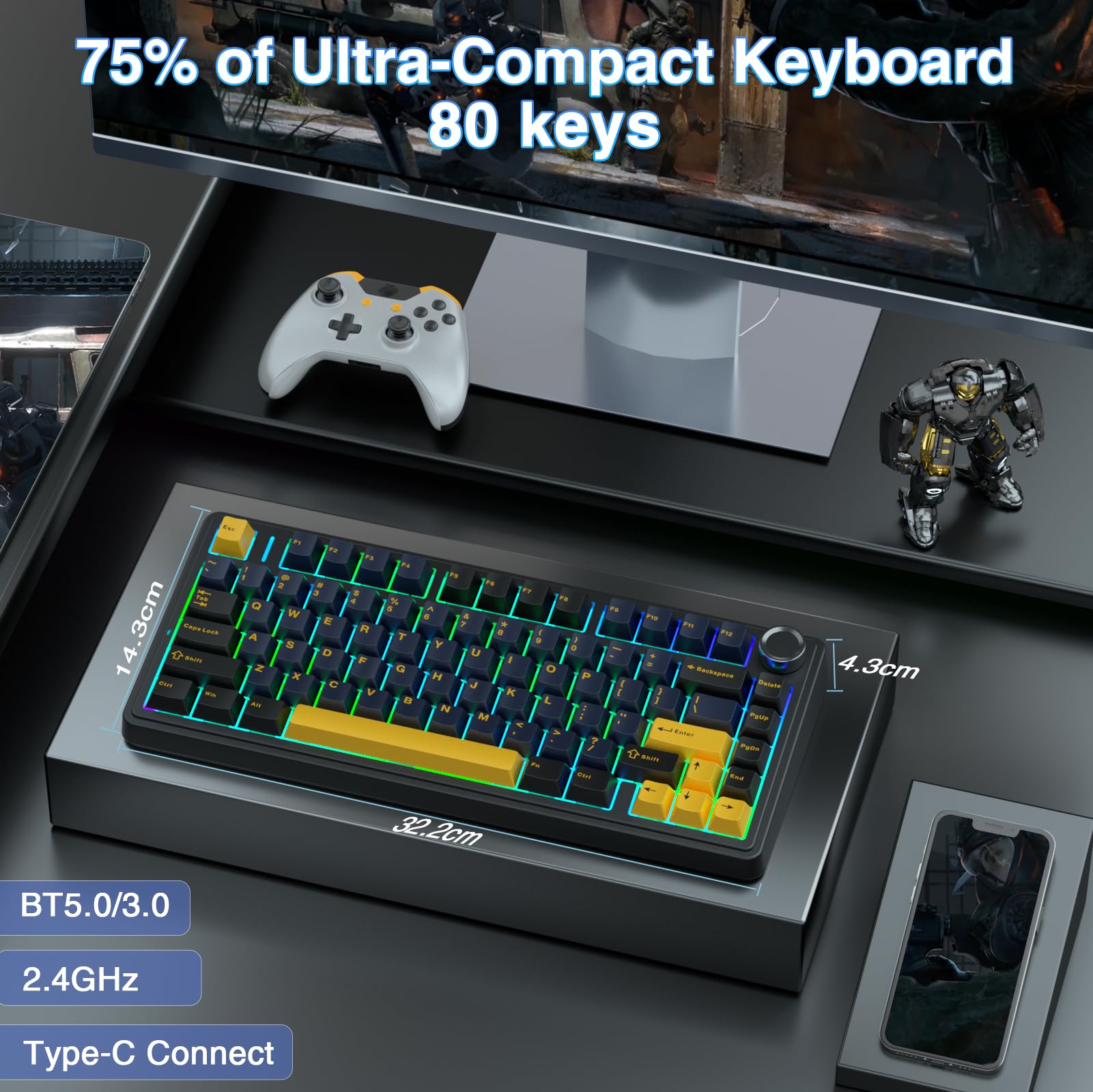 AULA F75 75% Wireless Mechanical Keyboard, Hot Swappable Creamy Keyboard, Pre-lubed Reaper Switches, 2.4GHz/Type-C/BT5.0, RGB Backlit Gaming Keyboards(White & Blue)