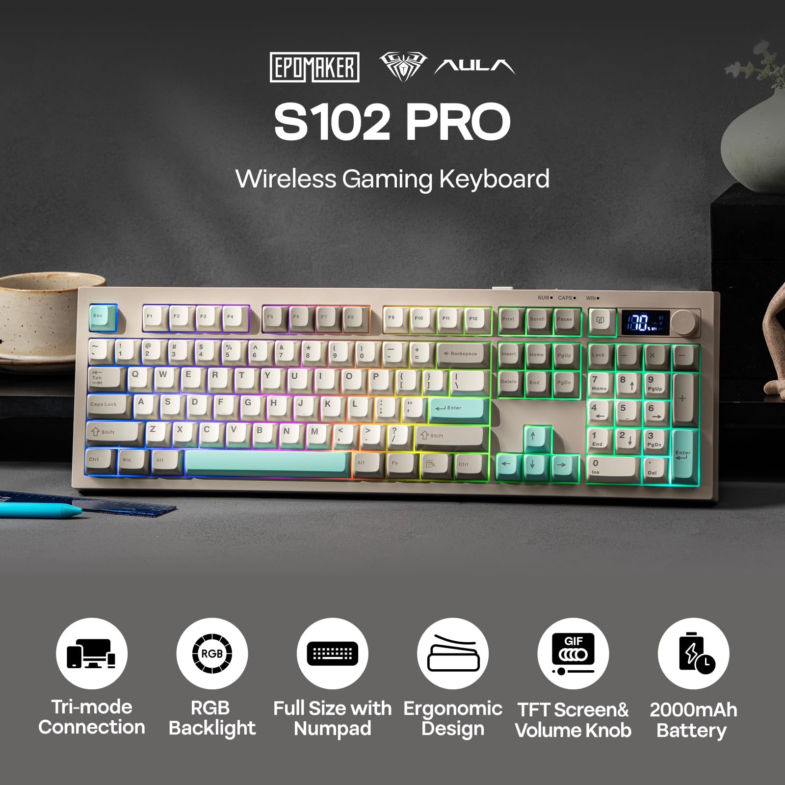 EPMaker Aula S102 Pro wireless gaming keyboard with RGB backlight on a dark background