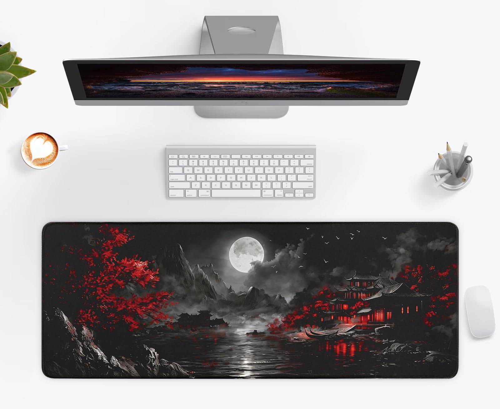 White Ukiyo-e Style Sports Car Anime Mouse Pad, Mouse Pad Gaming Mousepad,Large Mousepads with Non-Slip Rubber Base,Suitable for School,Office,Home,31.5 x 11.8 Inch