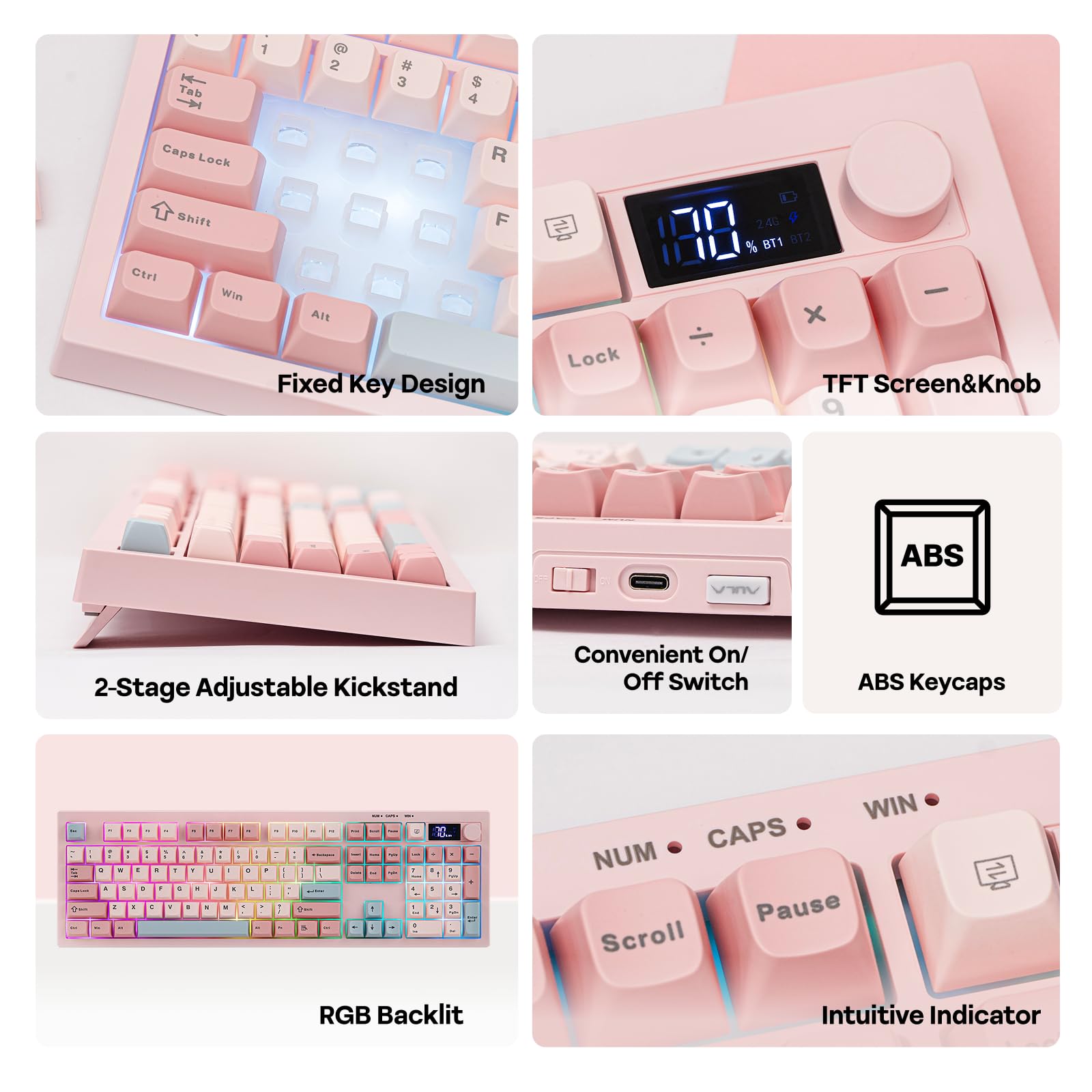 Collage of a pink keyboard with various features highlighted