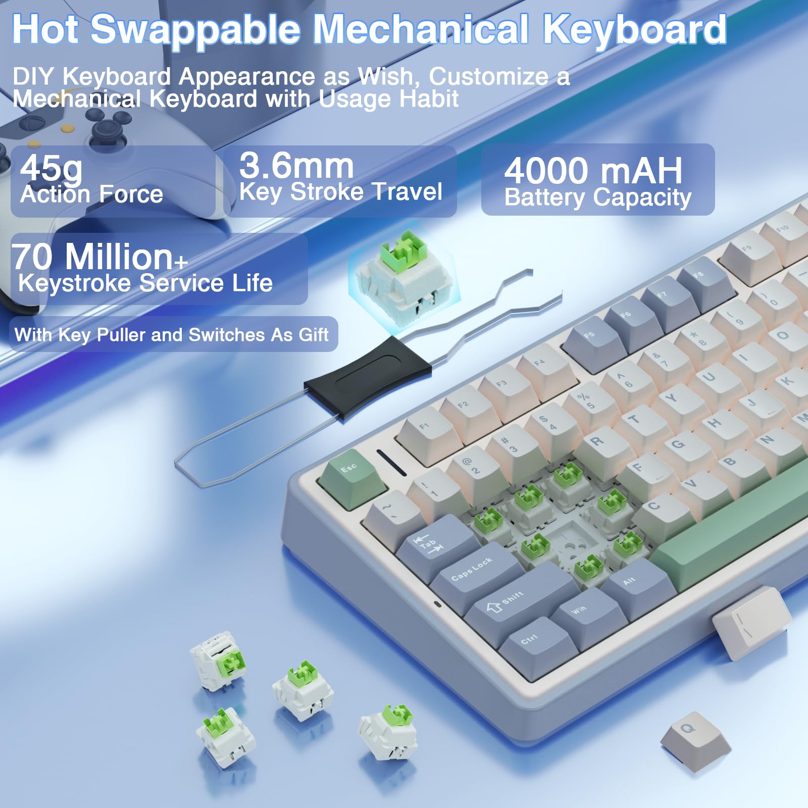 AULA F75 75% Wireless Mechanical Keyboard, Hot Swappable Creamy Keyboard, Pre-lubed Reaper Switches, 2.4GHz/Type-C/BT5.0, RGB Backlit Gaming Keyboards(White & Blue)