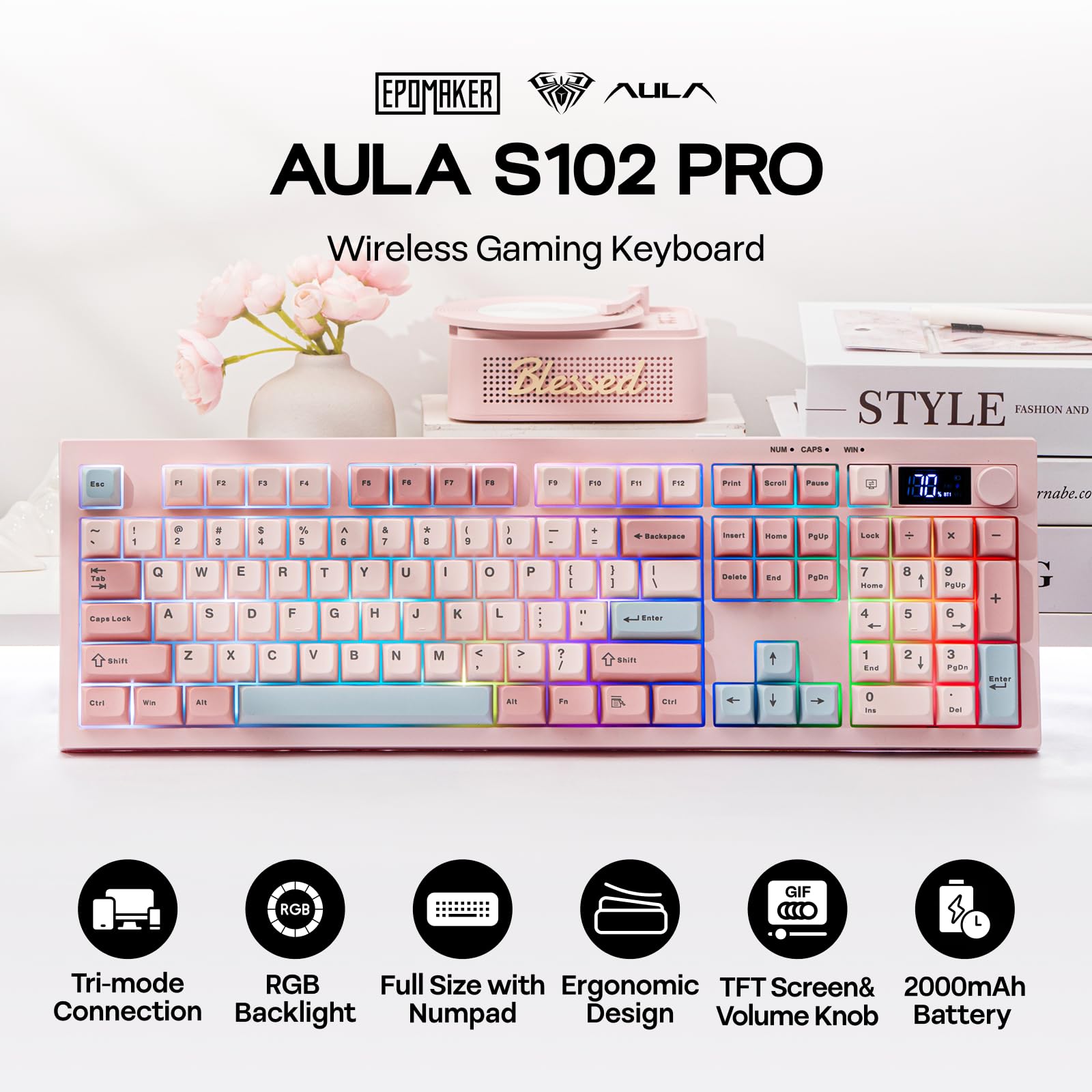 AULA S102 PRO wireless gaming keyboard with RGB backlight on a white surface.