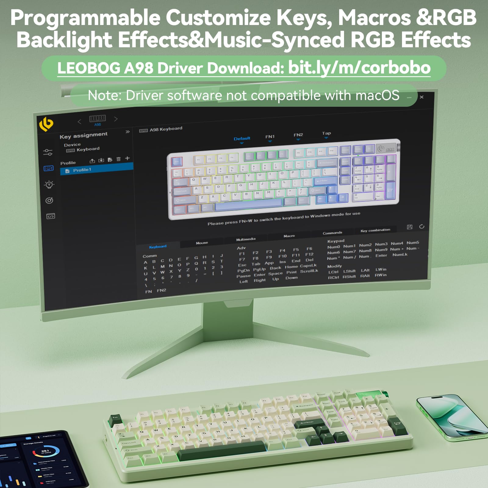LEOBOG A98 Wireless Gaming Creamy Mechanical Keyboard with Number Pad Knob