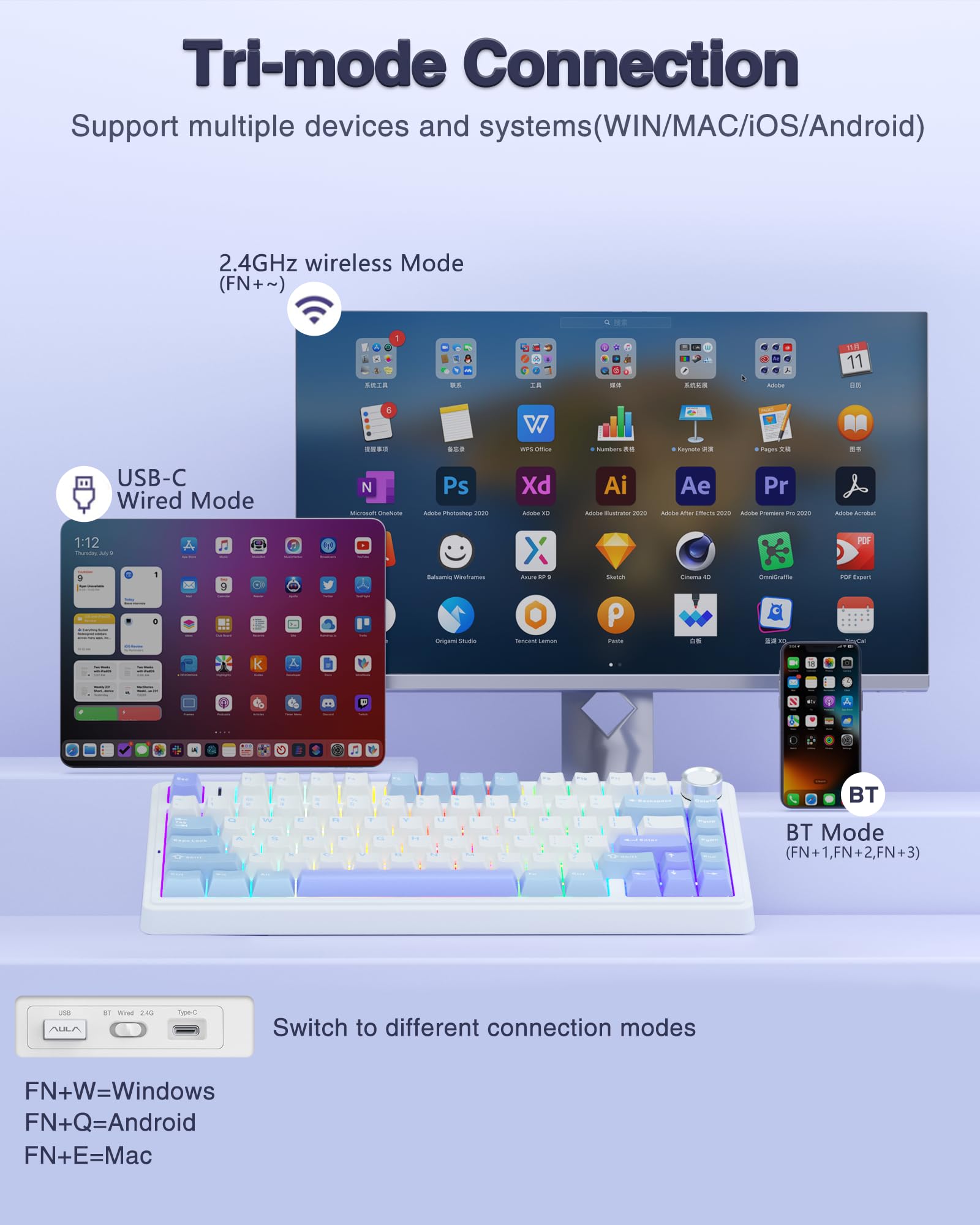 AULA F75 75% Wireless Mechanical Keyboard, Hot Swappable Creamy Keyboard, Pre-lubed Reaper Switches, 2.4GHz/Type-C/BT5.0, RGB Backlit Gaming Keyboards(White & Blue)