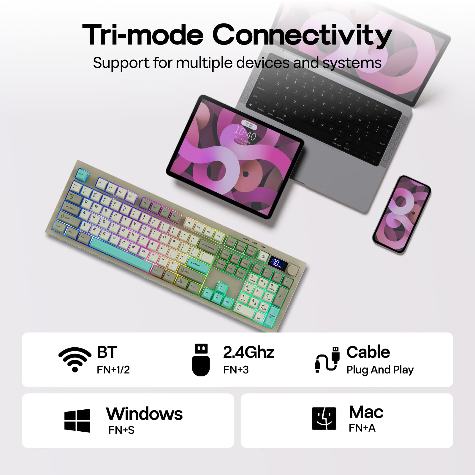 Keyboard with connectivity options displayed on a white background