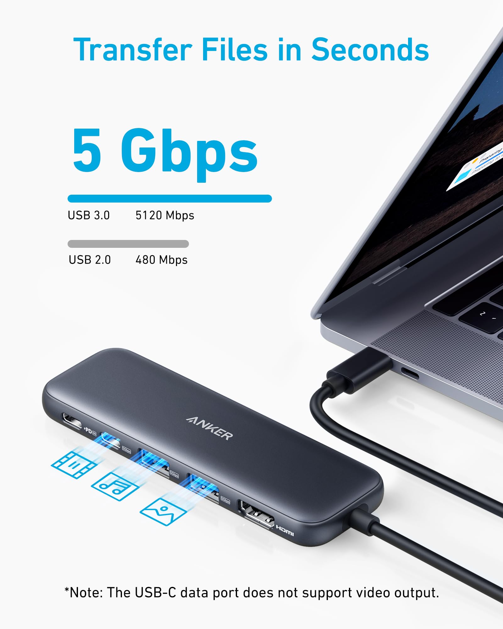 USB hub connected to a laptop with speed specifications on a white background