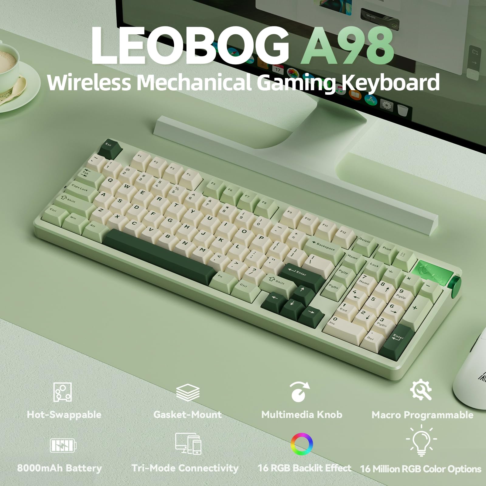 LEOBOG A98 Wireless Gaming Creamy Mechanical Keyboard with Number Pad Knob