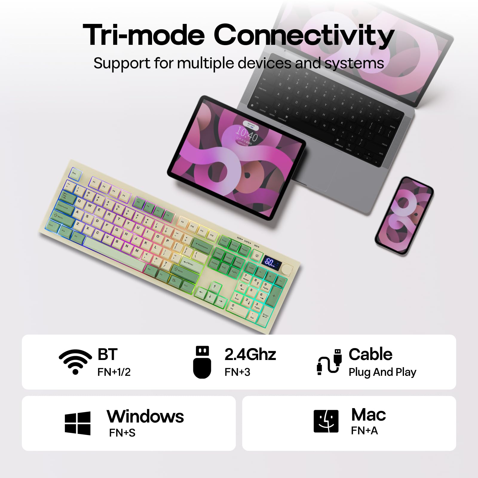 Keyboard with multiple connectivity options displayed on a white background