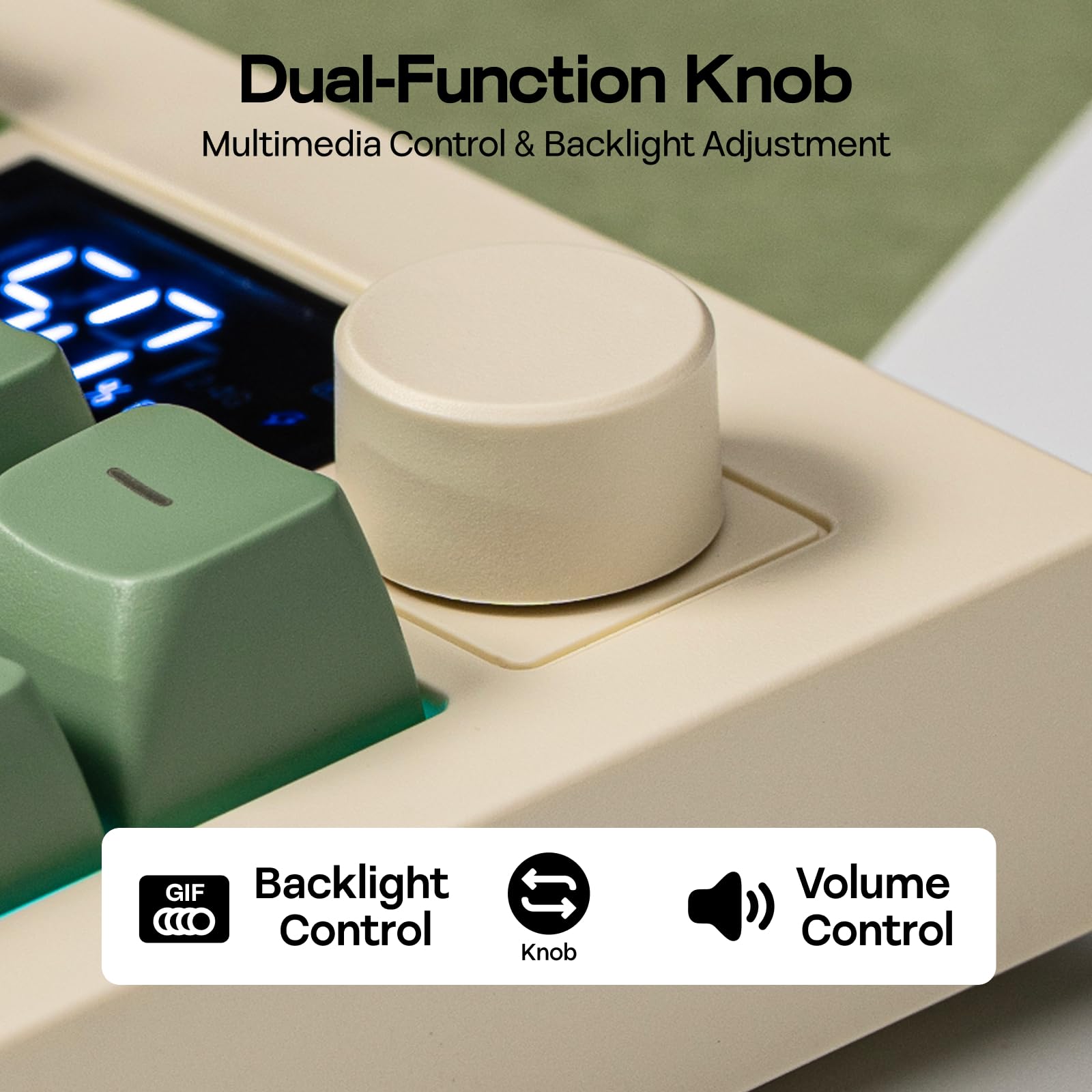 Dual-function knob for multimedia control and backlight adjustment on a computer keyboard.