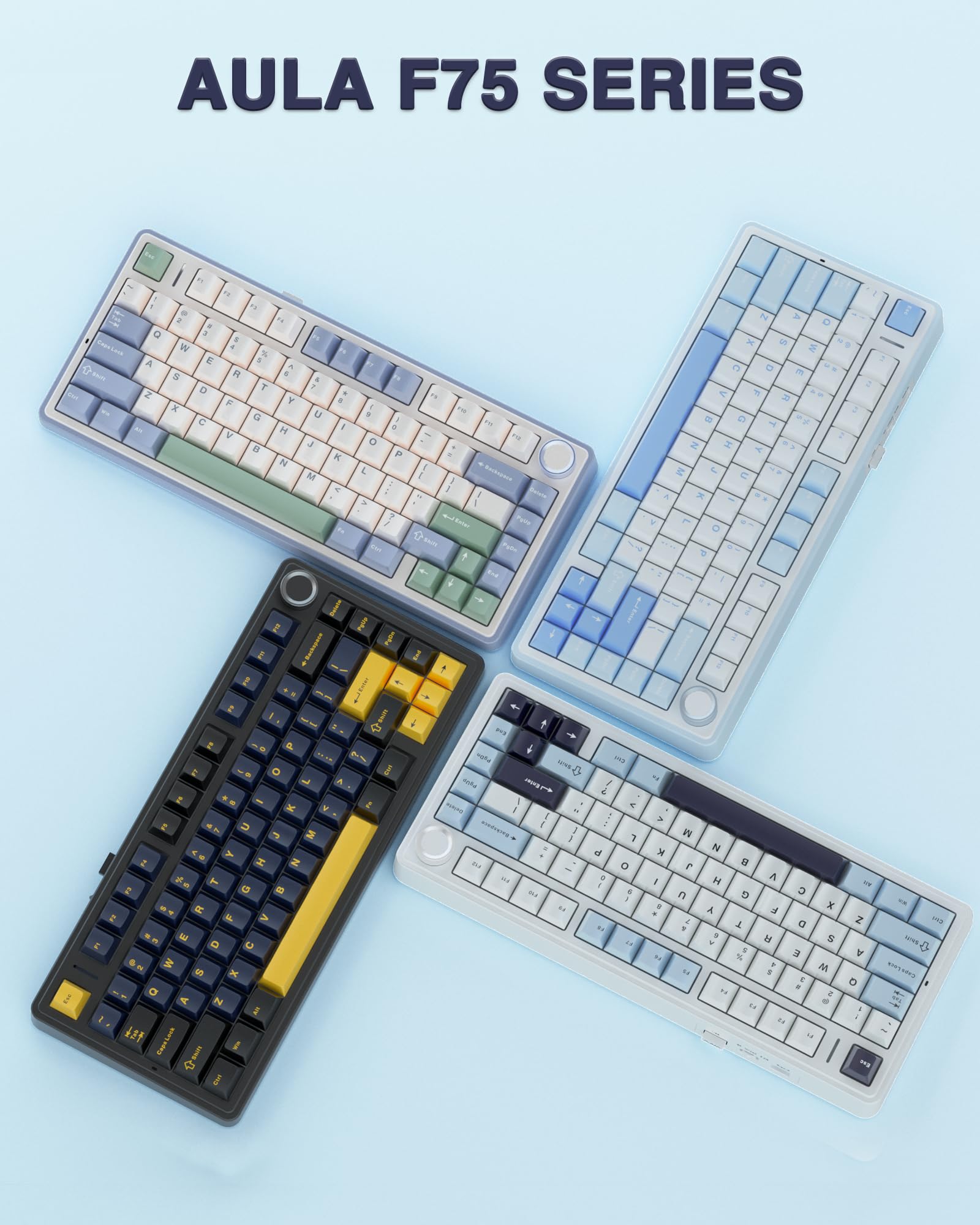 AULA F75 75% Wireless Mechanical Keyboard, Hot Swappable Creamy Keyboard, Pre-lubed Reaper Switches, 2.4GHz/Type-C/BT5.0, RGB Backlit Gaming Keyboards(White & Blue)