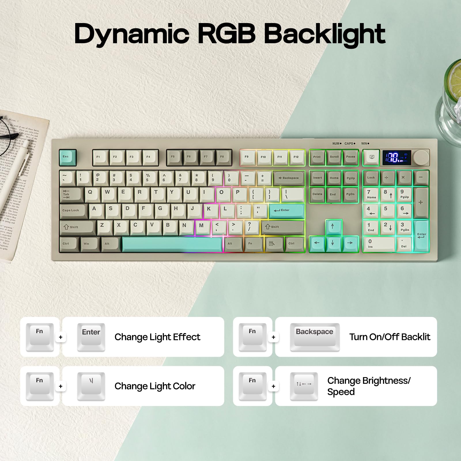 Keyboard with dynamic RGB backlight on a light surface