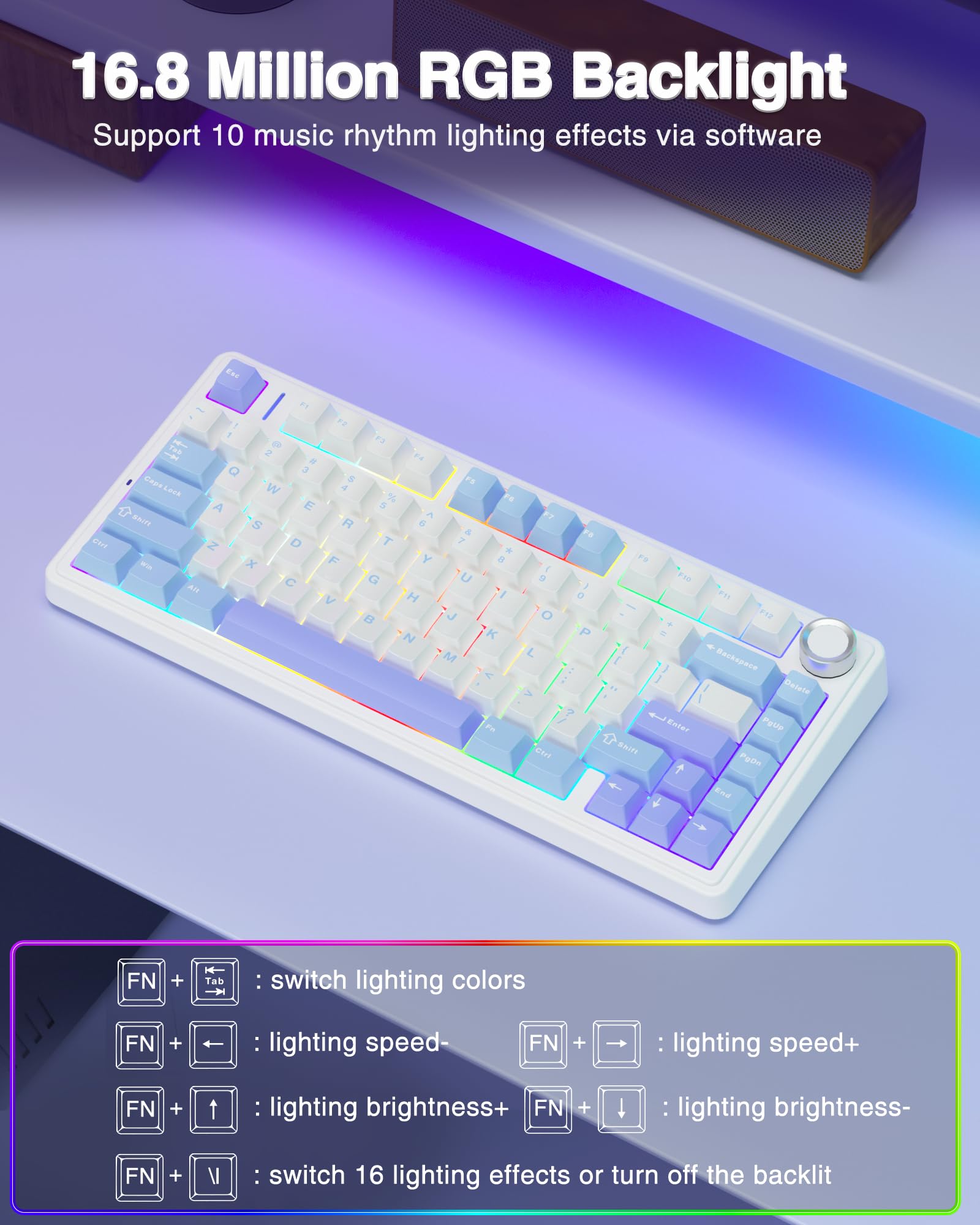 AULA F75 75% Wireless Mechanical Keyboard, Hot Swappable Creamy Keyboard, Pre-lubed Reaper Switches, 2.4GHz/Type-C/BT5.0, RGB Backlit Gaming Keyboards(White & Blue)