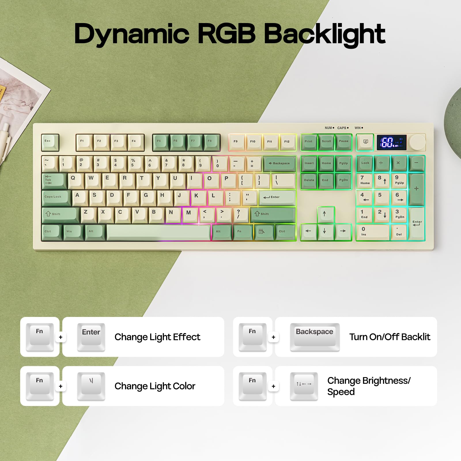 Keyboard with dynamic RGB backlight on a green and white background