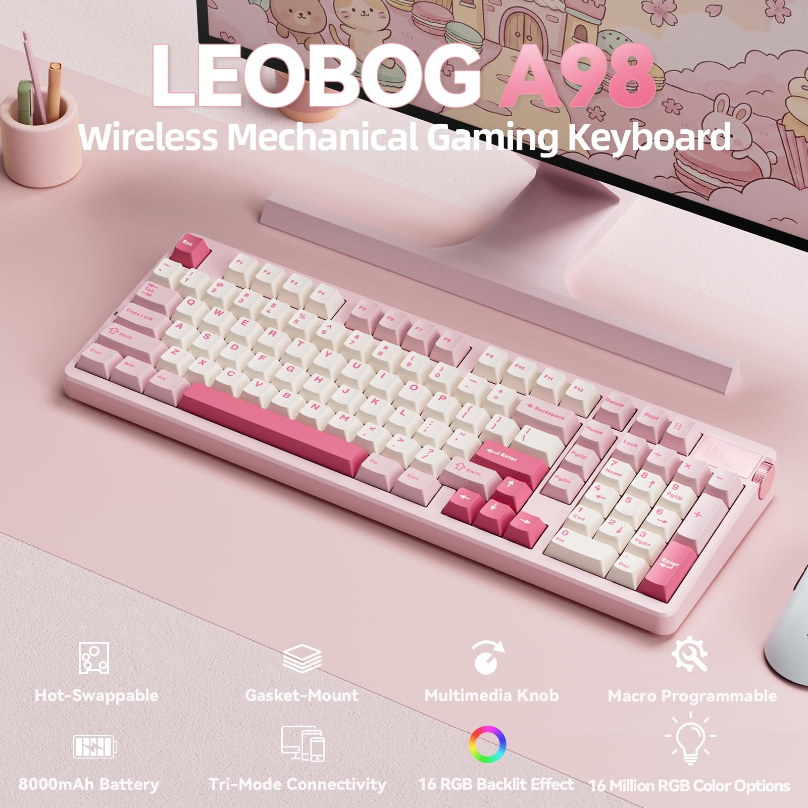 LEOBOG A98 Wireless Gaming Creamy Mechanical Keyboard with Number Pad Knob