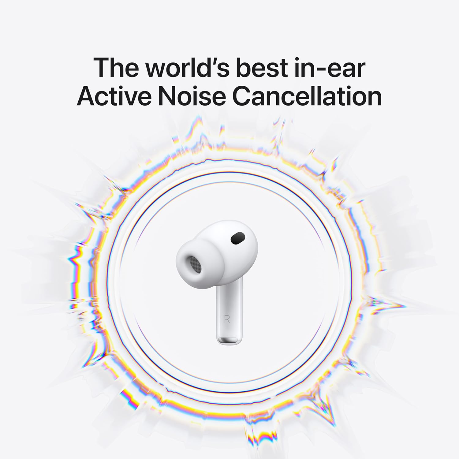 White in-ear headphones with 'The world's best in-ear Active Noise Cancellation' text on a white background