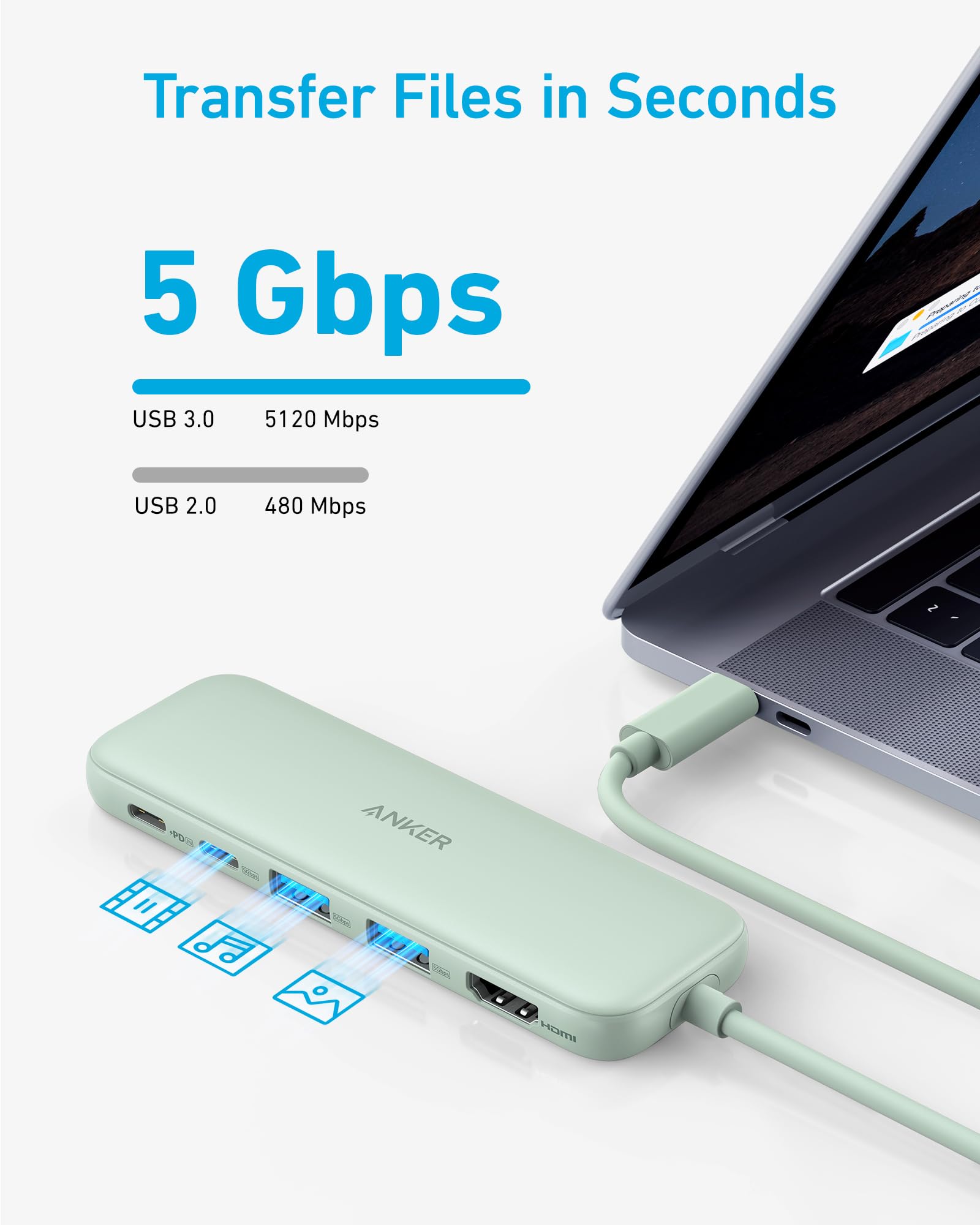 USB hub connected to a laptop with text highlighting transfer speeds.
