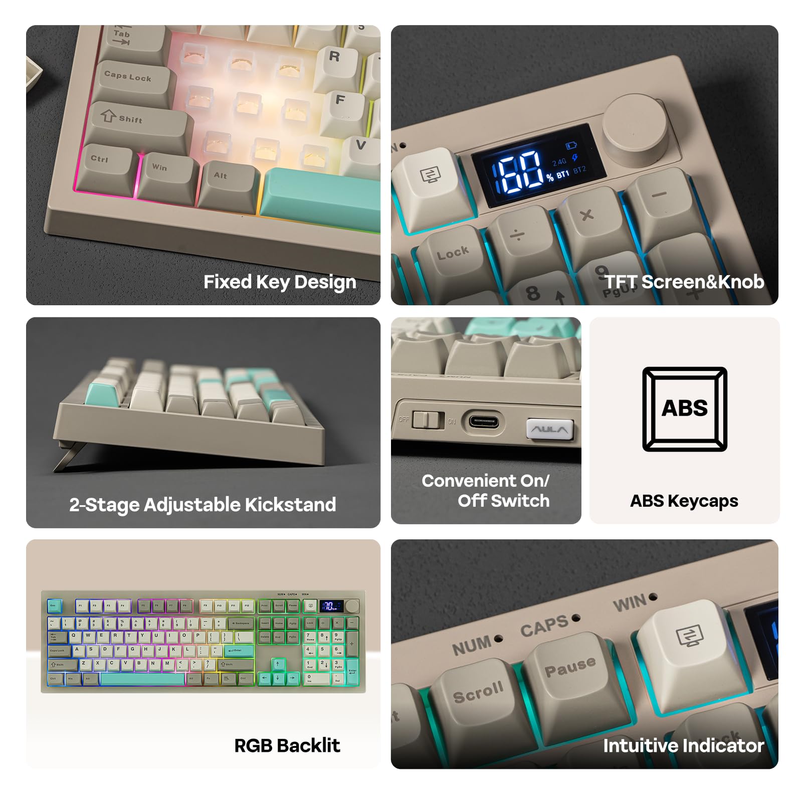 Collage of a keyboard with various features highlighted