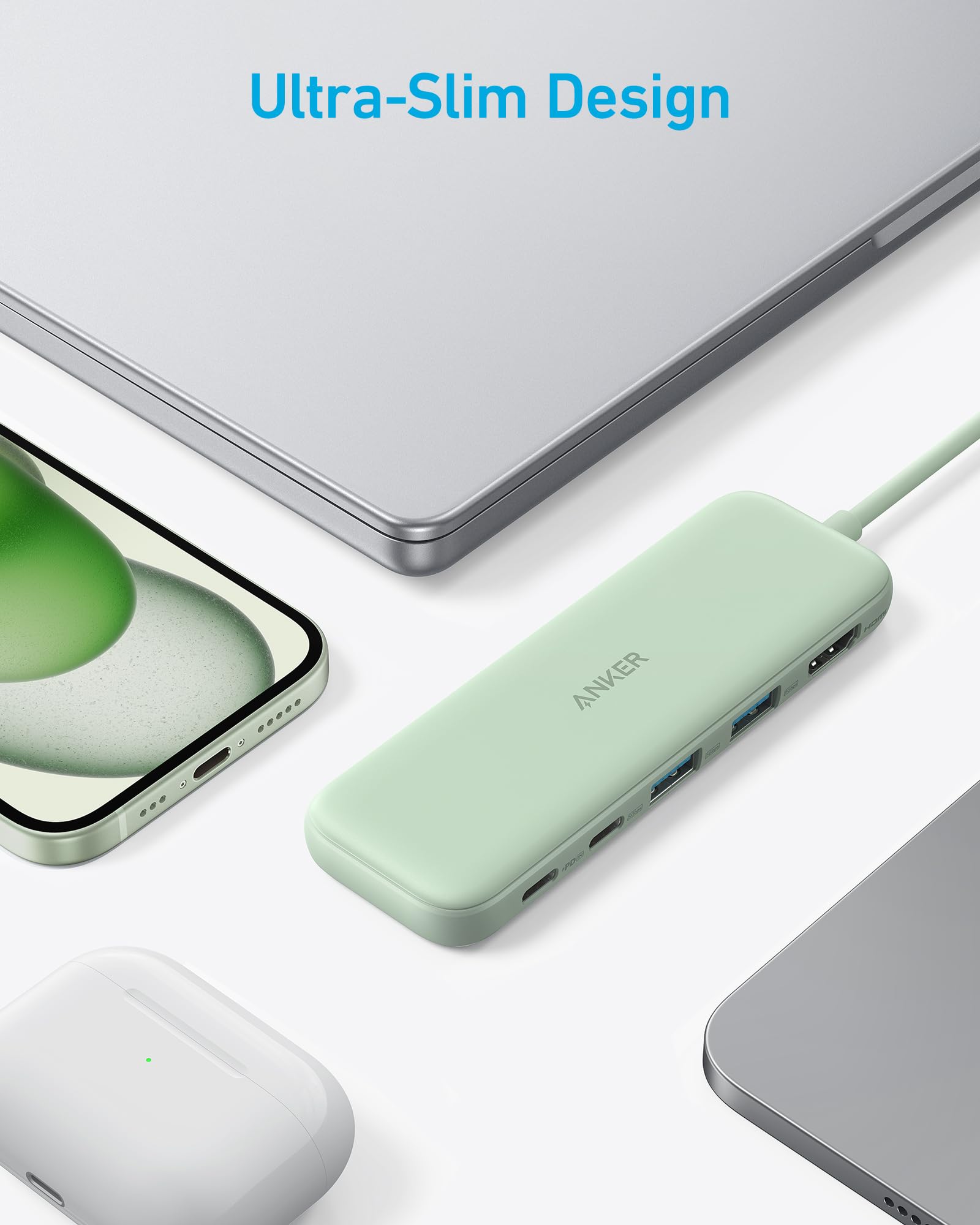 Anker USB hub with multiple ports on a white background