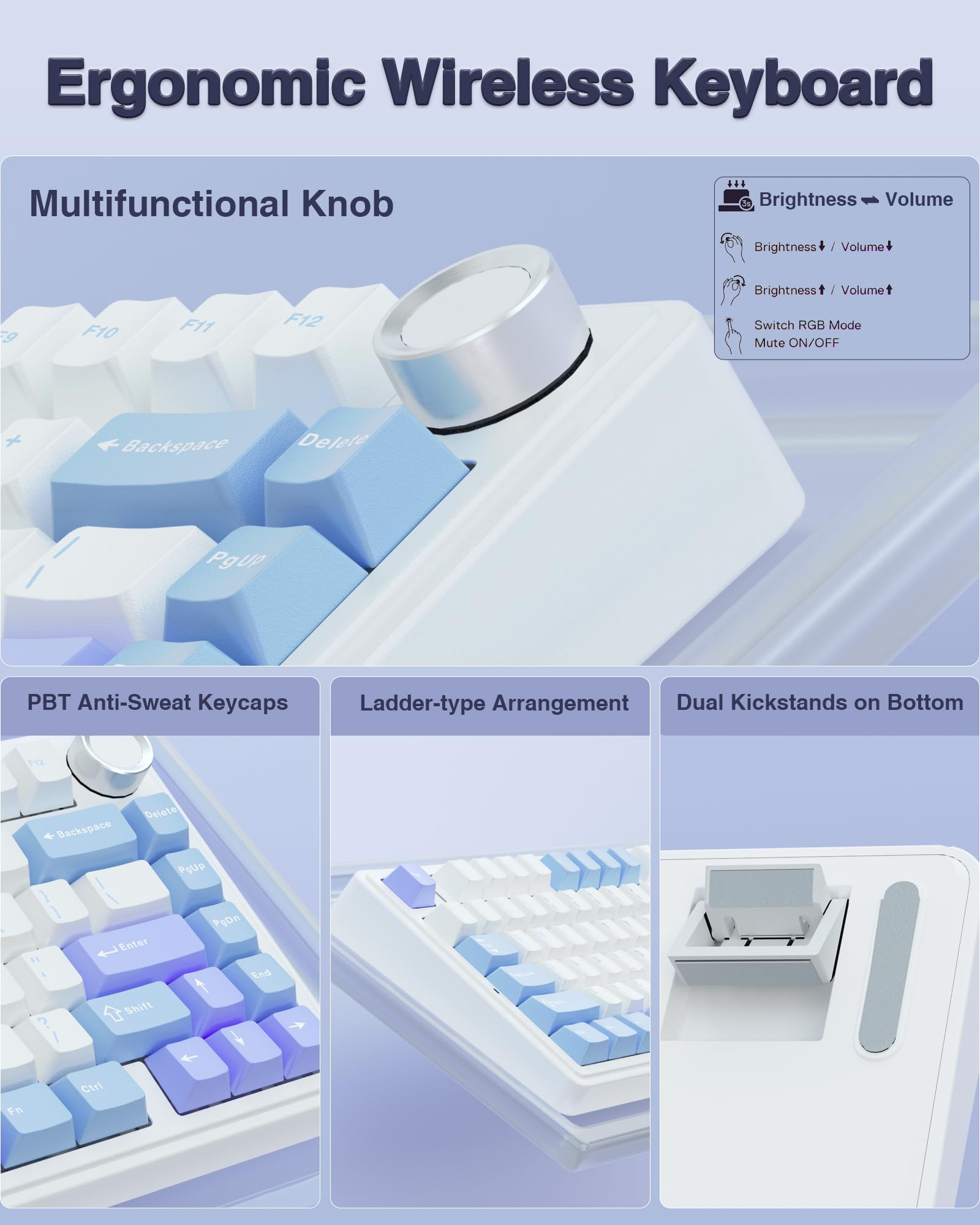 AULA F75 75% Wireless Mechanical Keyboard, Hot Swappable Creamy Keyboard, Pre-lubed Reaper Switches, 2.4GHz/Type-C/BT5.0, RGB Backlit Gaming Keyboards(White & Blue)