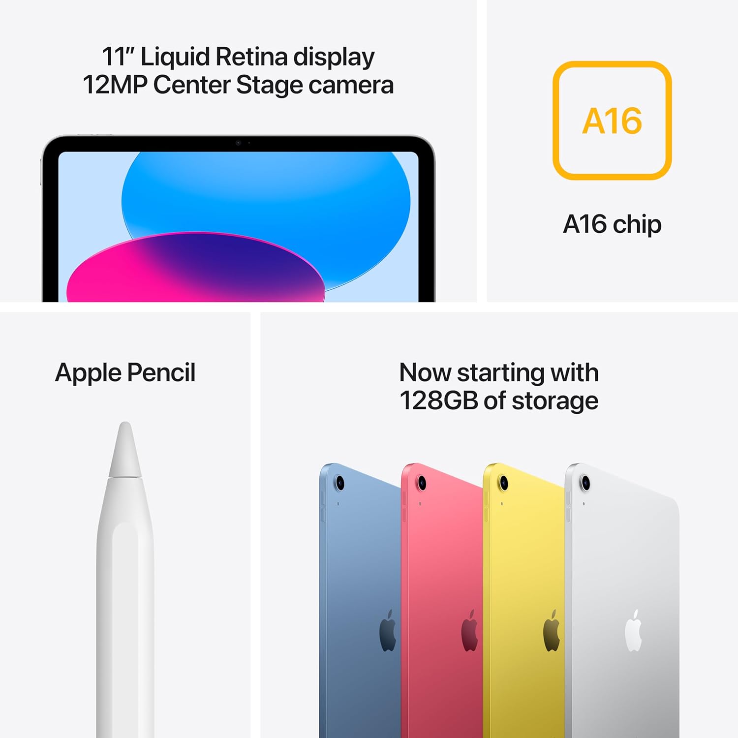 Product features including 11-inch Liquid Retina display, 12MP camera, A16 chip, Apple Pencil, and color options on a white background.