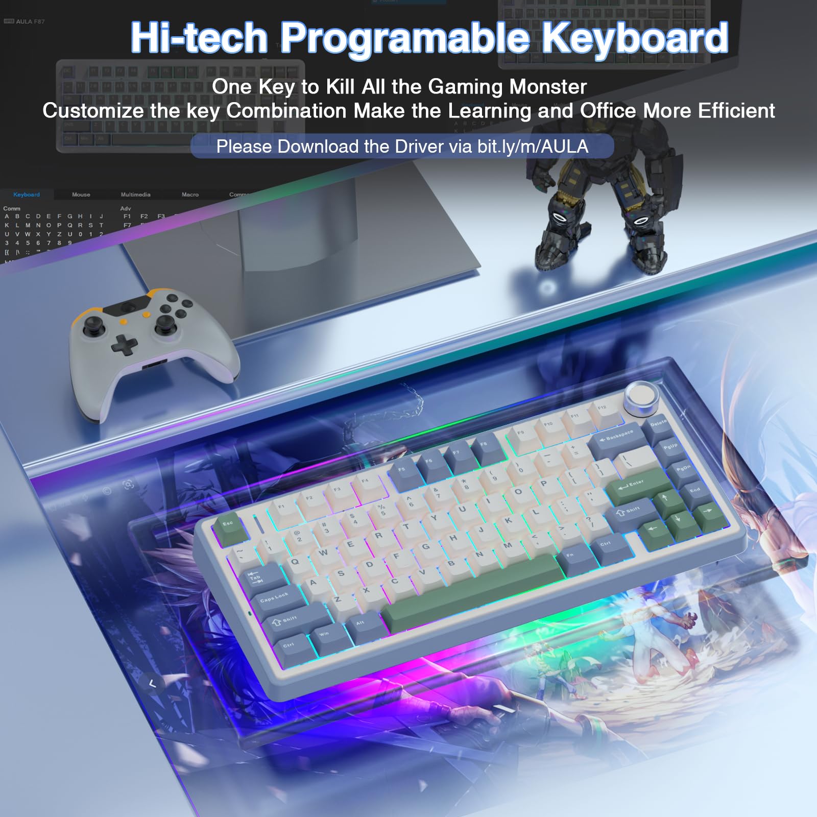 AULA F75 75% Wireless Mechanical Keyboard, Hot Swappable Creamy Keyboard, Pre-lubed Reaper Switches, 2.4GHz/Type-C/BT5.0, RGB Backlit Gaming Keyboards(White & Blue)