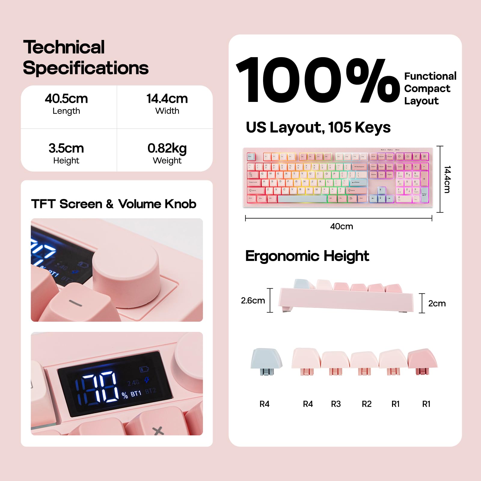 Technical specifications of a pink keyboard with measurements and features on a pink background