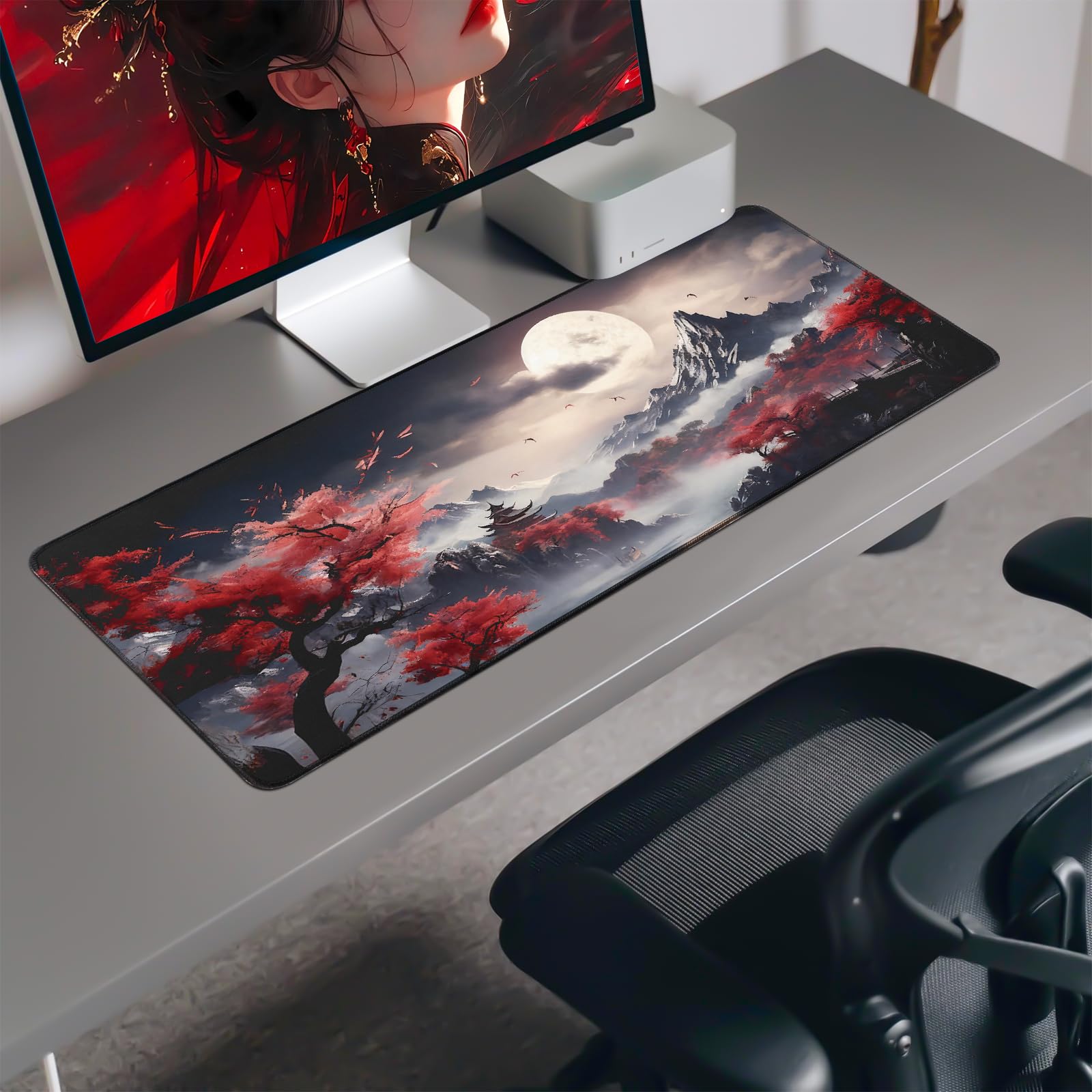 White Ukiyo-e Style Sports Car Anime Mouse Pad, Mouse Pad Gaming Mousepad,Large Mousepads with Non-Slip Rubber Base,Suitable for School,Office,Home,31.5 x 11.8 Inch