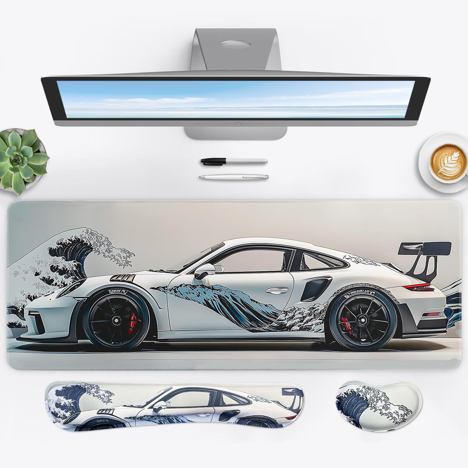 White Ukiyo-e Style Sports Car Anime Mouse Pad, Mouse Pad Gaming Mousepad,Large Mousepads with Non-Slip Rubber Base,Suitable for School,Office,Home,31.5 x 11.8 Inch