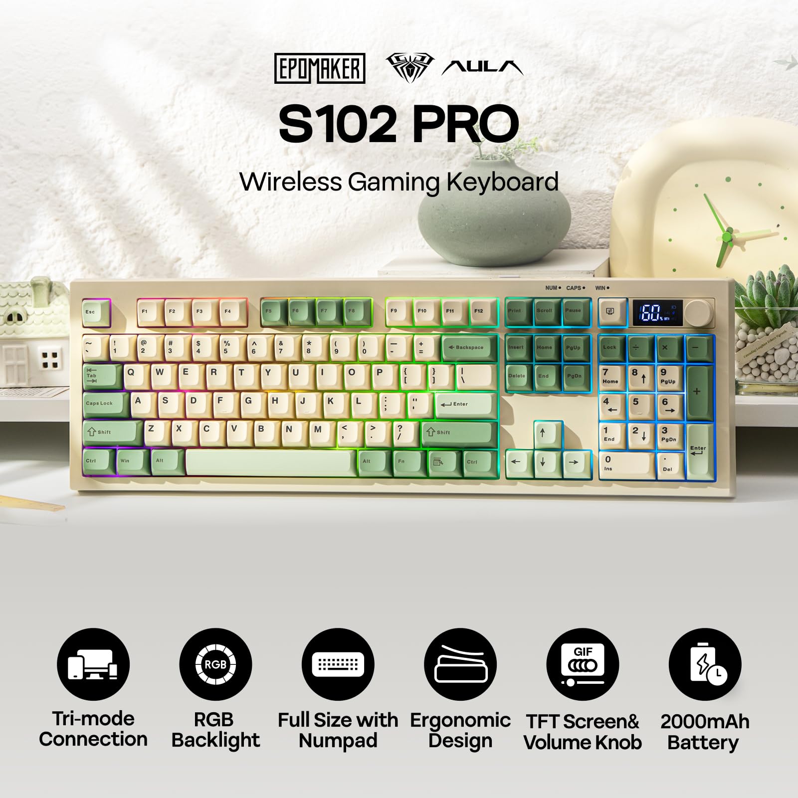 Wireless gaming keyboard with RGB backlight and various features on a white background
