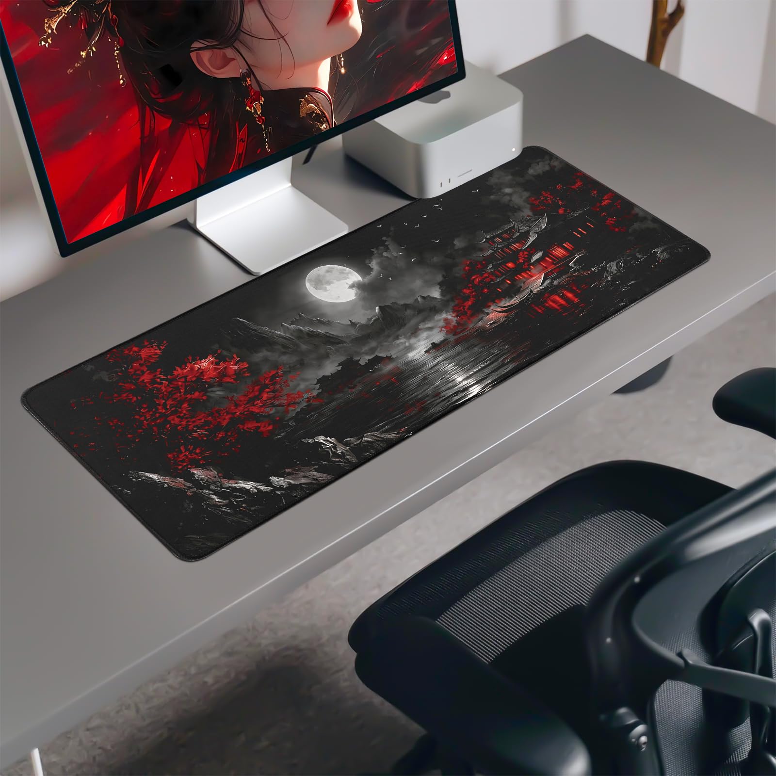 White Ukiyo-e Style Sports Car Anime Mouse Pad, Mouse Pad Gaming Mousepad,Large Mousepads with Non-Slip Rubber Base,Suitable for School,Office,Home,31.5 x 11.8 Inch