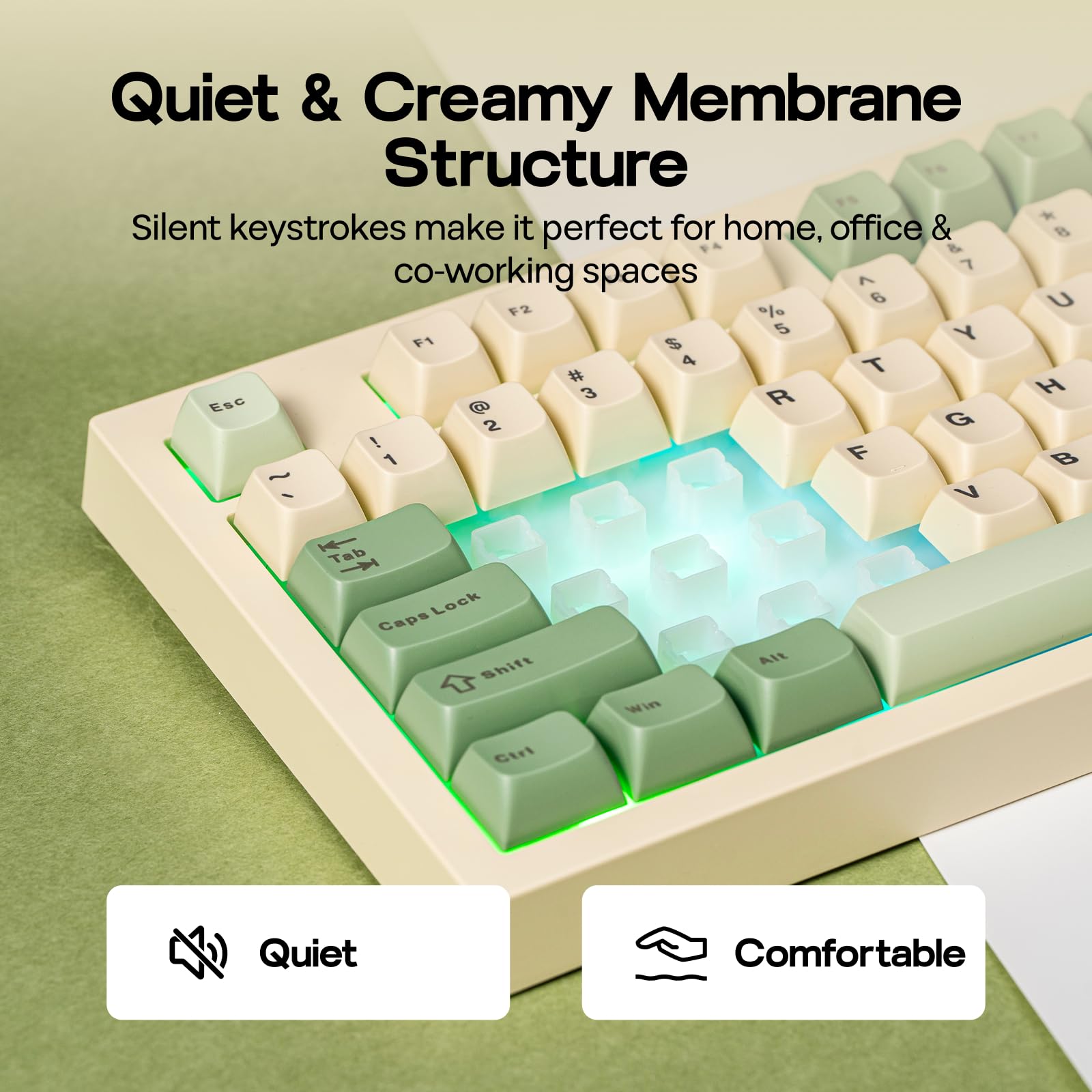 Keyboard with green and beige keys on a green background, highlighting quiet and comfortable features.