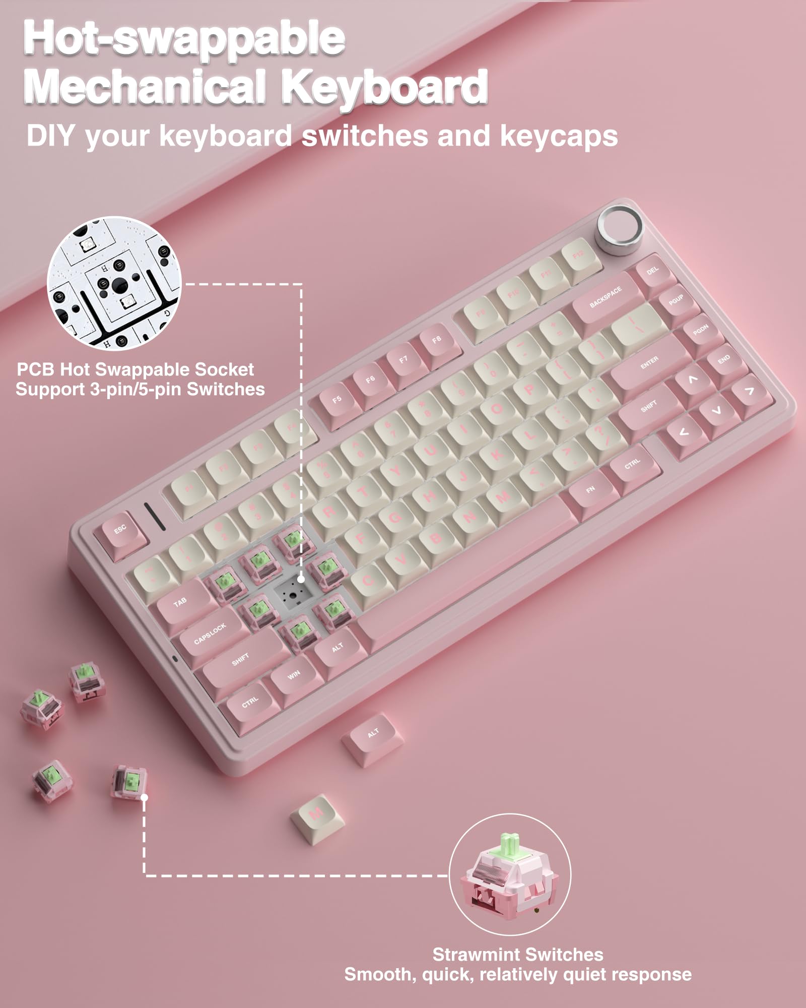 AULA F75 75% Wireless Mechanical Keyboard, Hot Swappable Creamy Keyboard, Pre-lubed Reaper Switches, 2.4GHz/Type-C/BT5.0, RGB Backlit Gaming Keyboards(White & Blue)