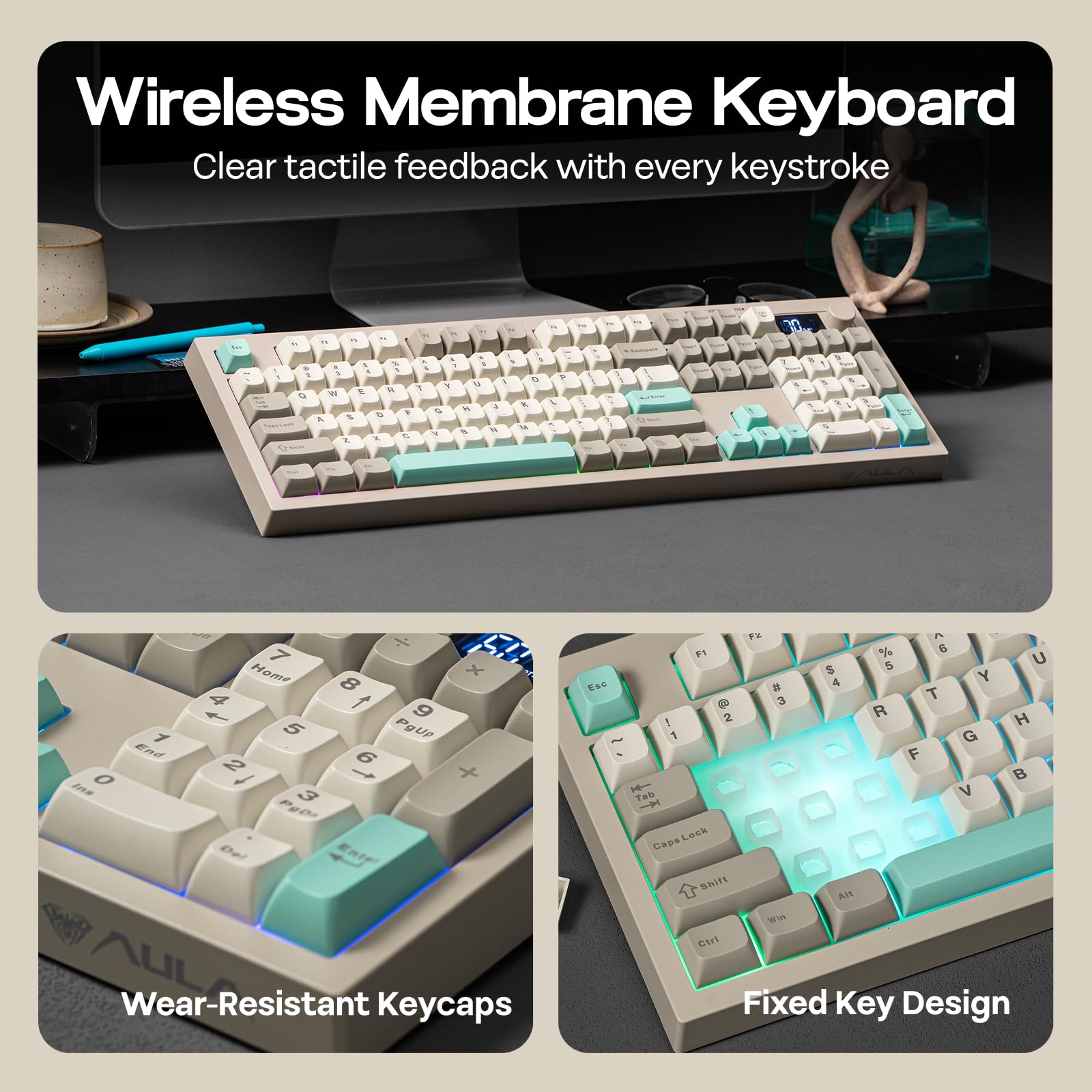 Wireless membrane keyboard with close-up details on keycaps and design.