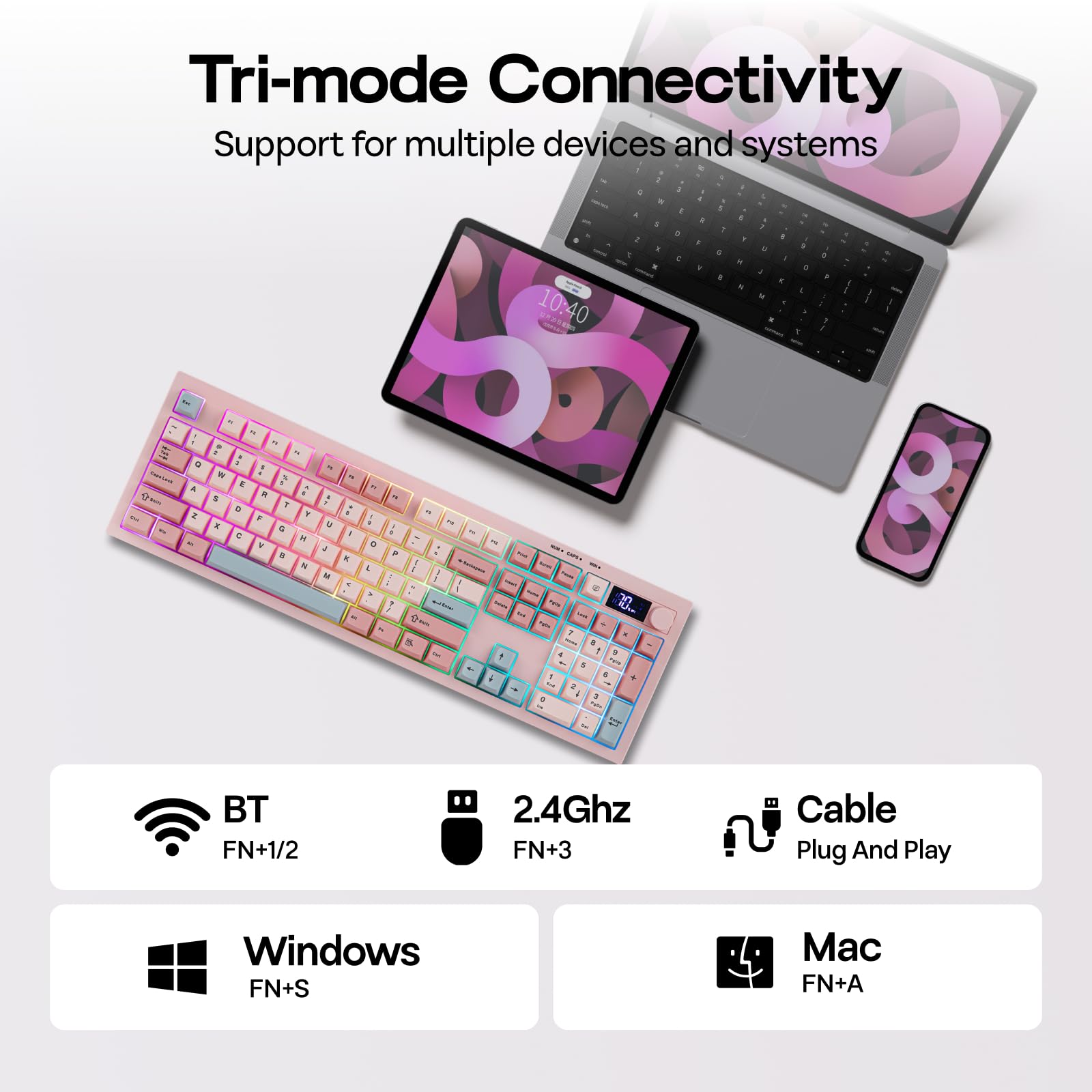 Keyboard with multiple connectivity options displayed on a white background