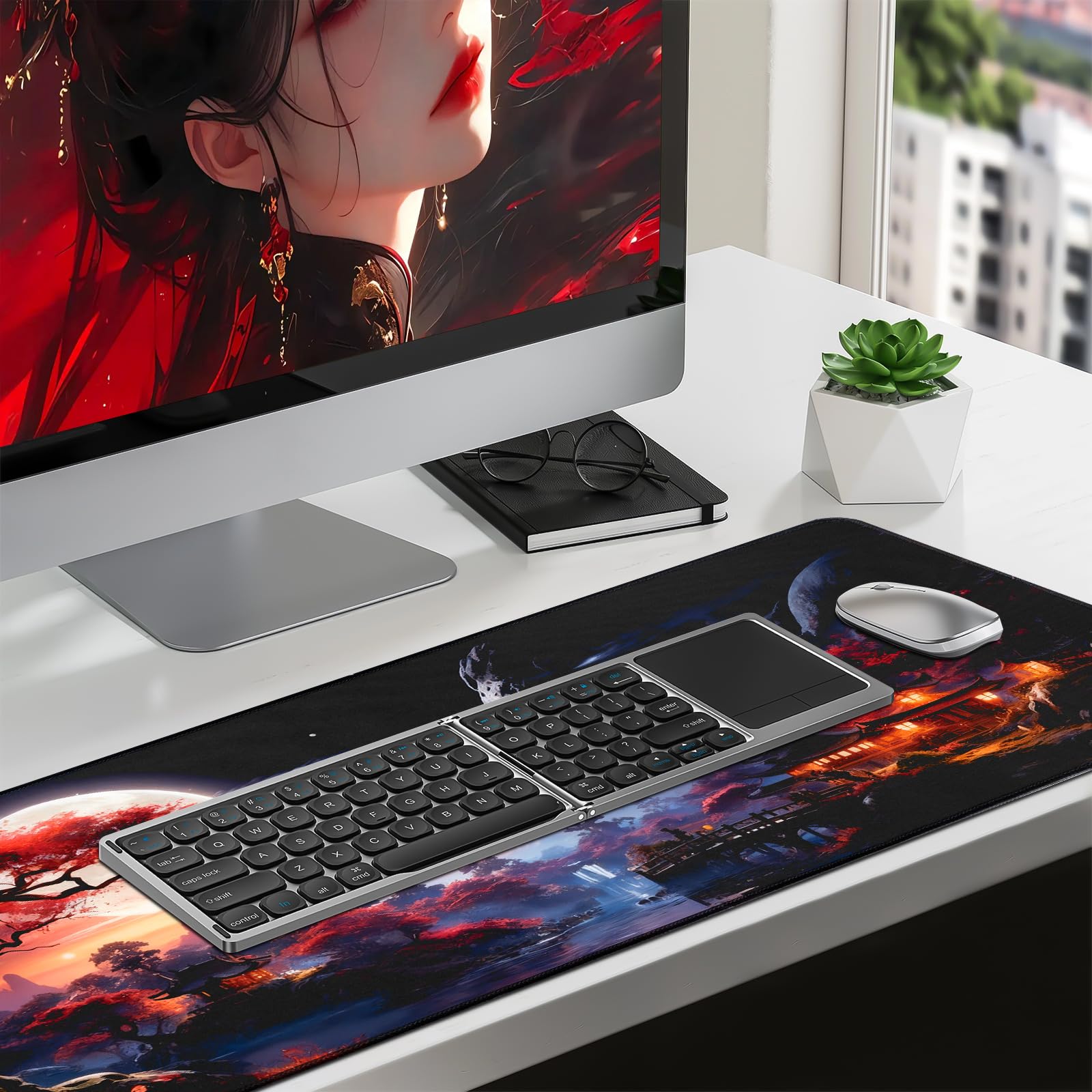 White Ukiyo-e Style Sports Car Anime Mouse Pad, Mouse Pad Gaming Mousepad,Large Mousepads with Non-Slip Rubber Base,Suitable for School,Office,Home,31.5 x 11.8 Inch