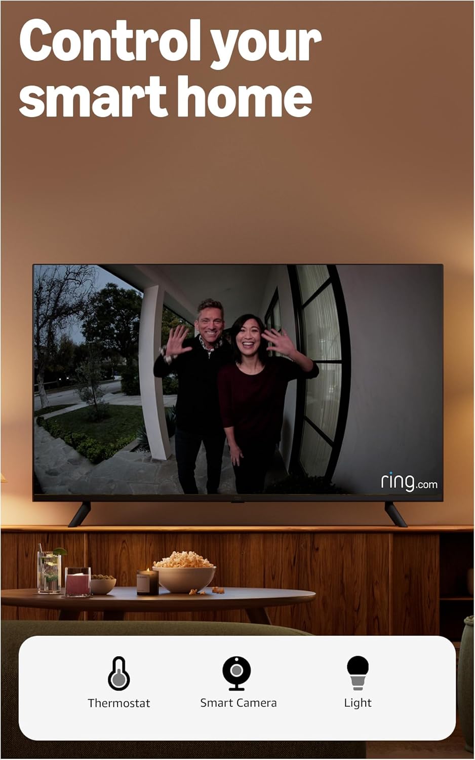 Amazon Fire TV stick with remote on a peach background, featuring streaming platform logos.