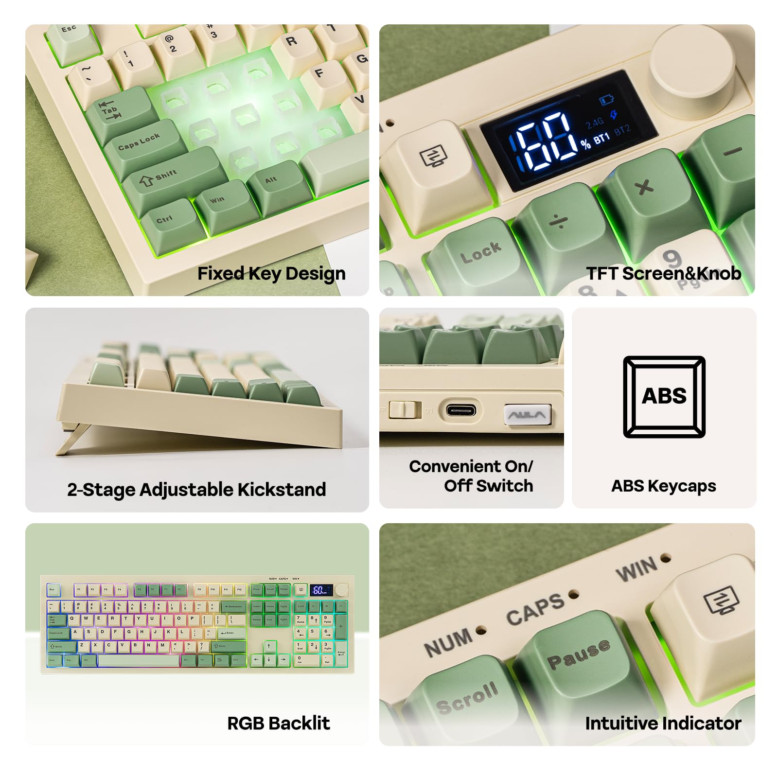 Collage of a keyboard with various features highlighted, including key design, screen, kickstand, switch, keycaps, backlight, and indicator.