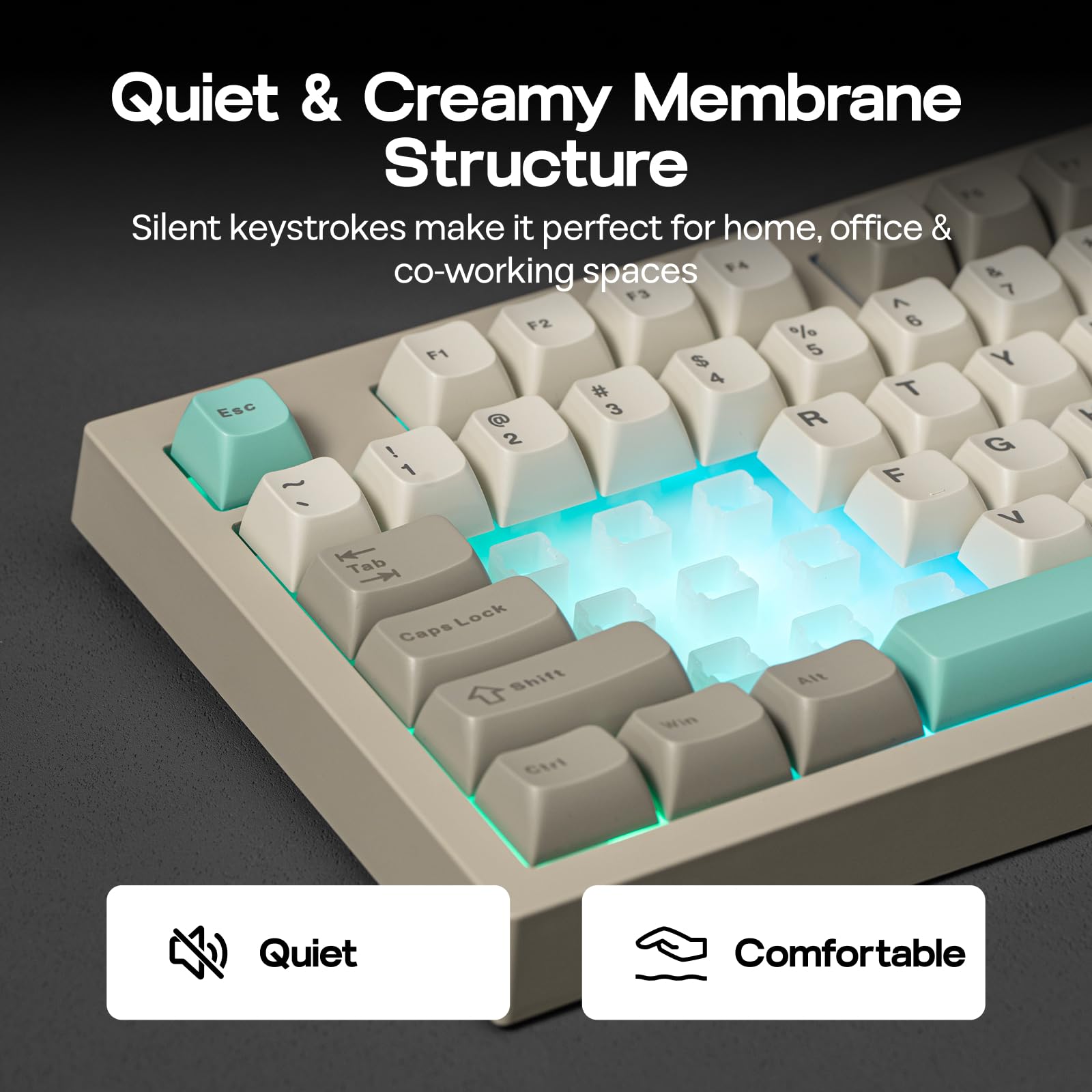 Mechanical keyboard with light blue and gray keys on a dark background