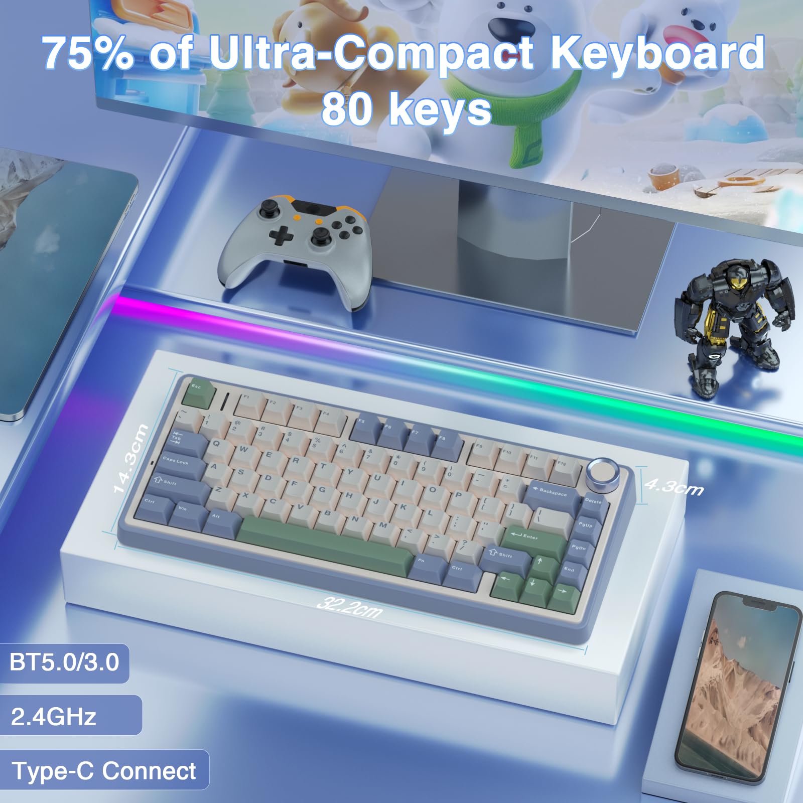 AULA F75 75% Wireless Mechanical Keyboard, Hot Swappable Creamy Keyboard, Pre-lubed Reaper Switches, 2.4GHz/Type-C/BT5.0, RGB Backlit Gaming Keyboards(White & Blue)