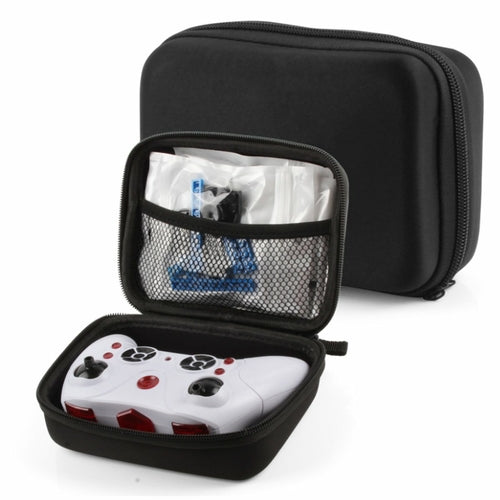 Black carrying case with a white gaming controller inside on a white background