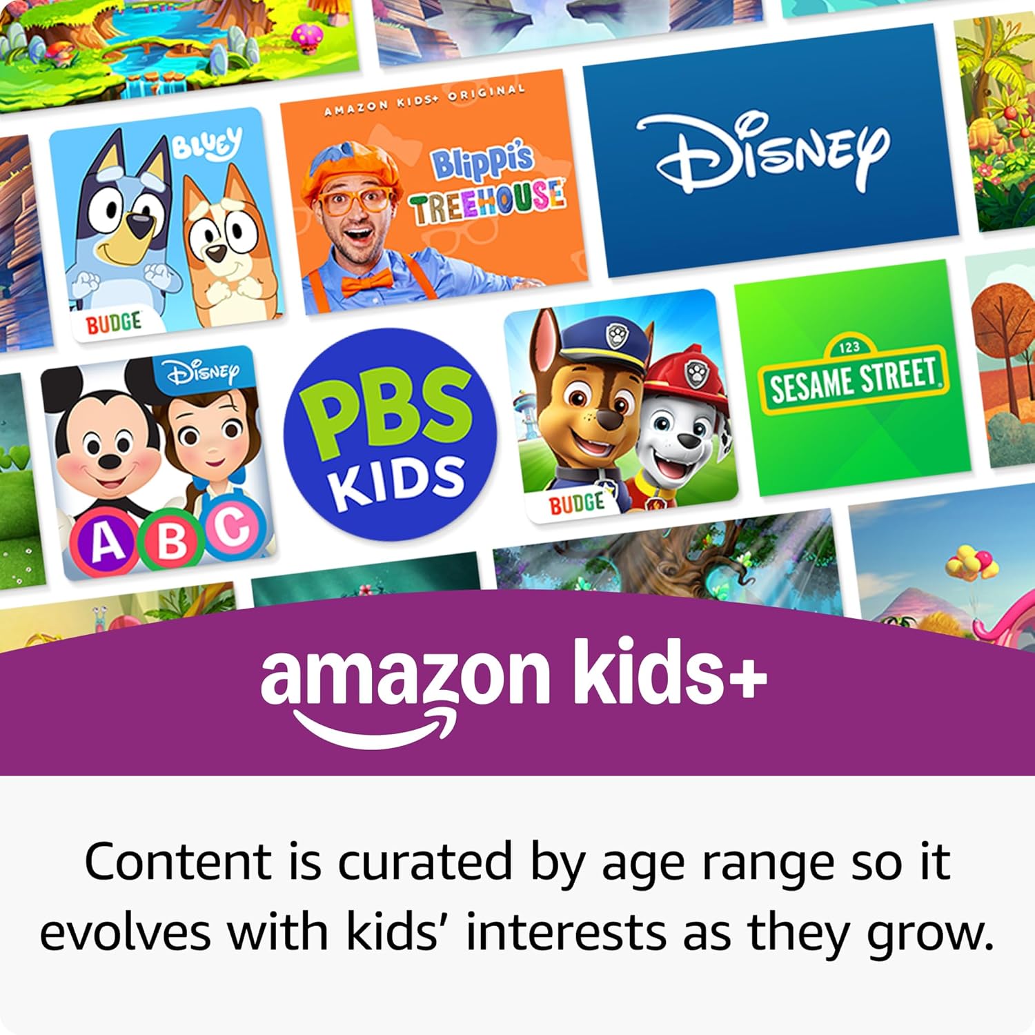 Collage of various children's show logos including Disney, Sesame Street, and Amazon Kids+ on a white background.