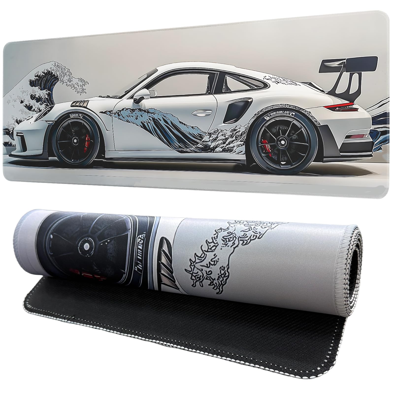 White Ukiyo-e Style Sports Car Anime Mouse Pad, Mouse Pad Gaming Mousepad,Large Mousepads with Non-Slip Rubber Base,Suitable for School,Office,Home,31.5 x 11.8 Inch