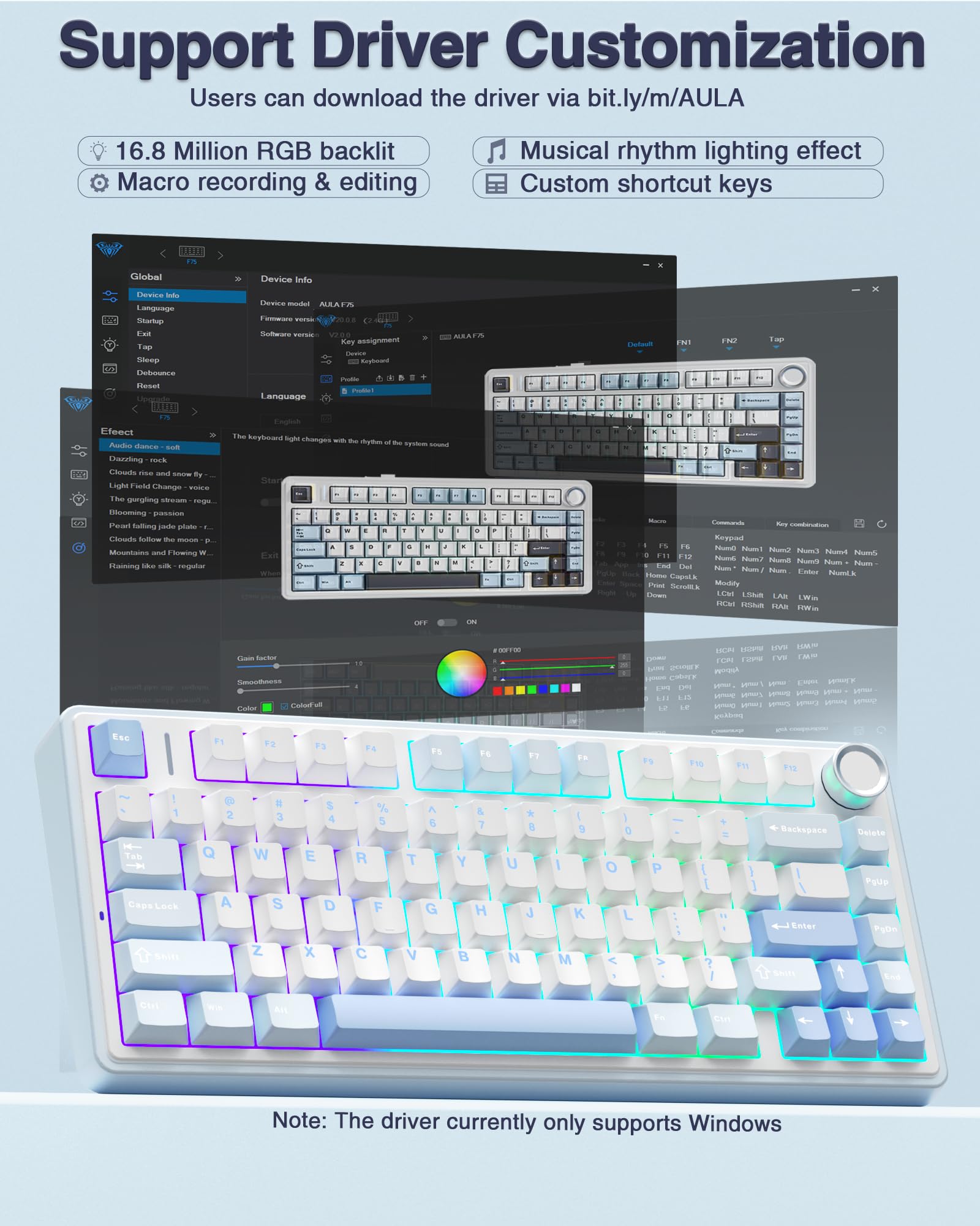 AULA F75 75% Wireless Mechanical Keyboard, Hot Swappable Creamy Keyboard, Pre-lubed Reaper Switches, 2.4GHz/Type-C/BT5.0, RGB Backlit Gaming Keyboards(White & Blue)