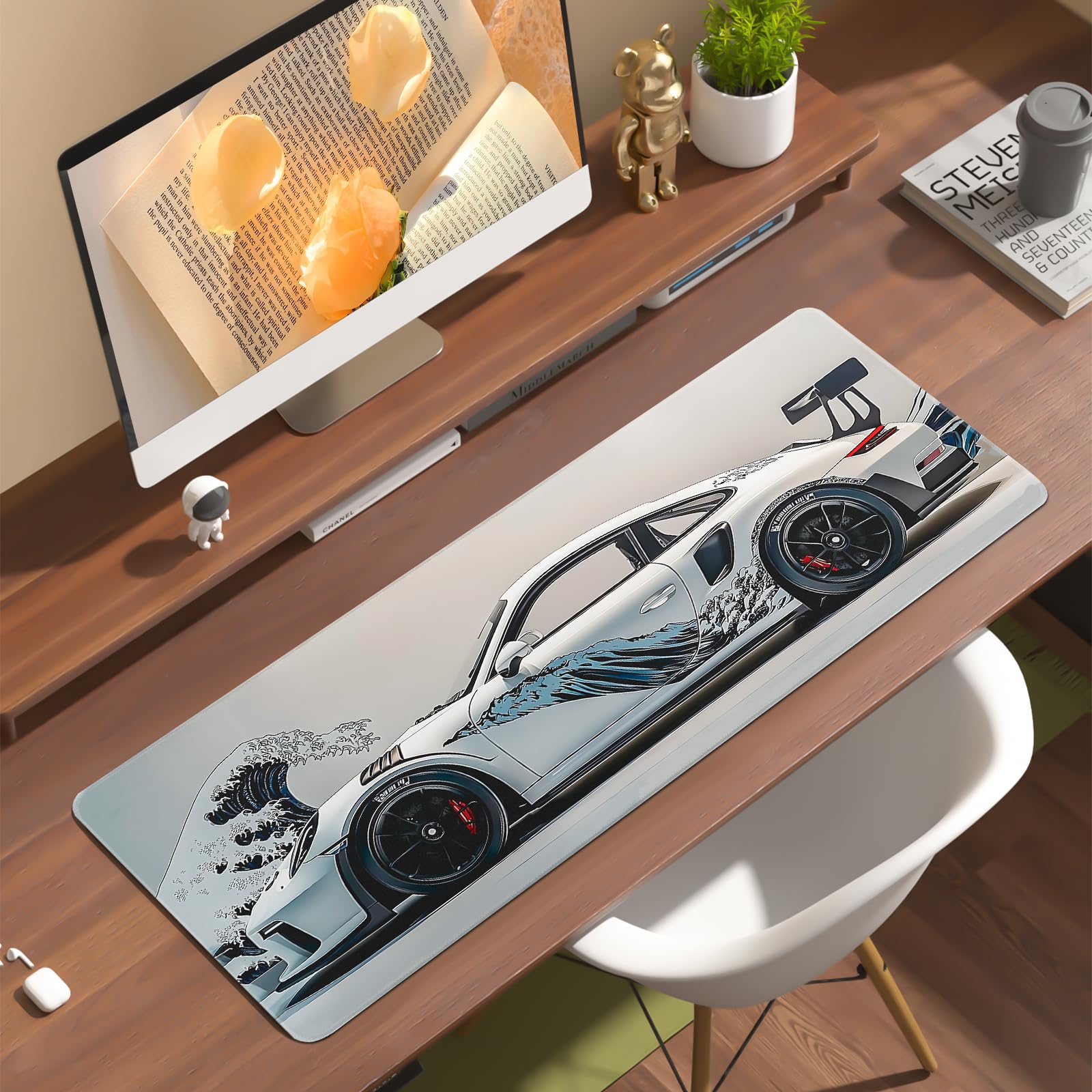 White Ukiyo-e Style Sports Car Anime Mouse Pad, Mouse Pad Gaming Mousepad,Large Mousepads with Non-Slip Rubber Base,Suitable for School,Office,Home,31.5 x 11.8 Inch